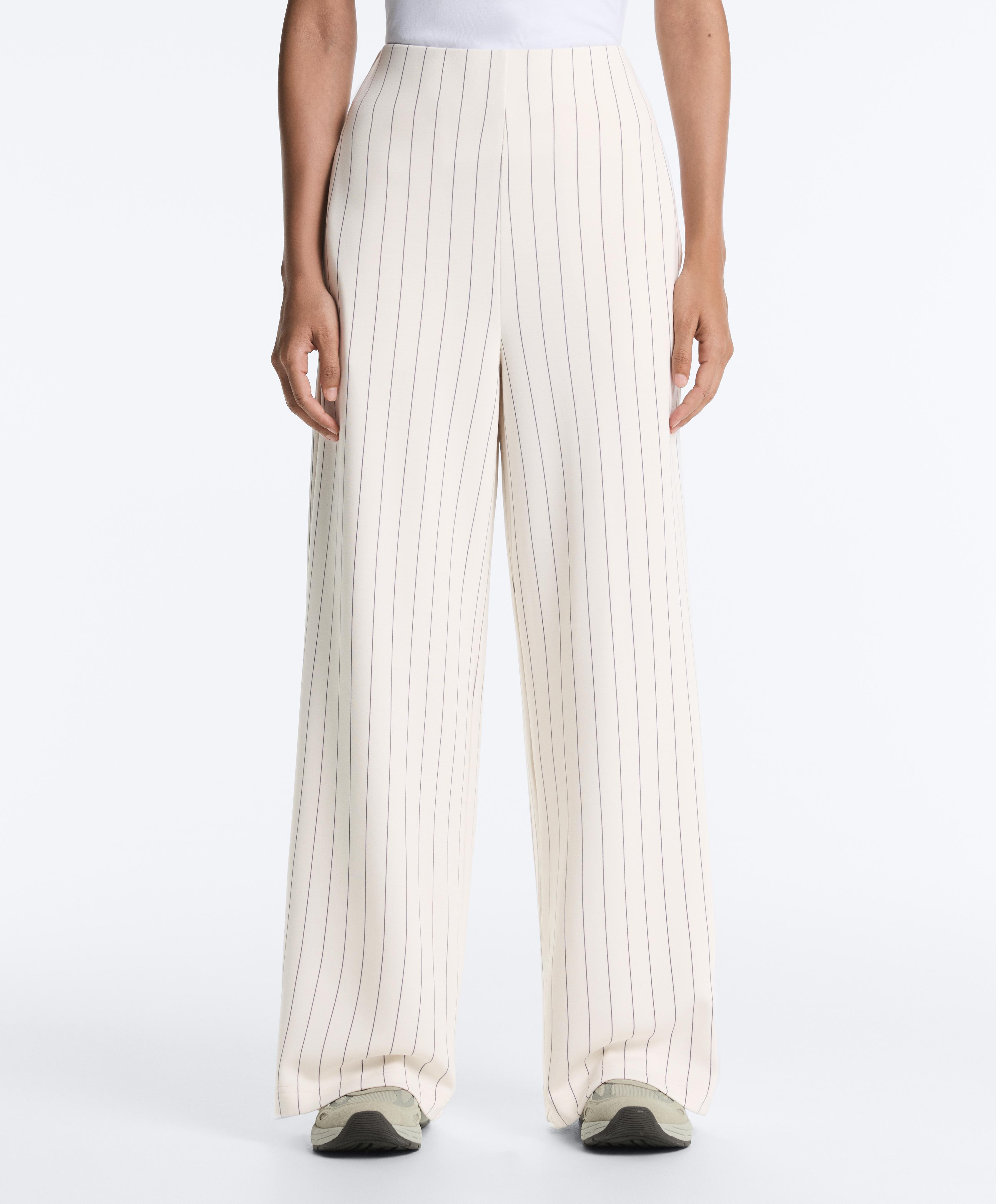 Soft touch pinstripe wide leg high rise trousers — ECRU