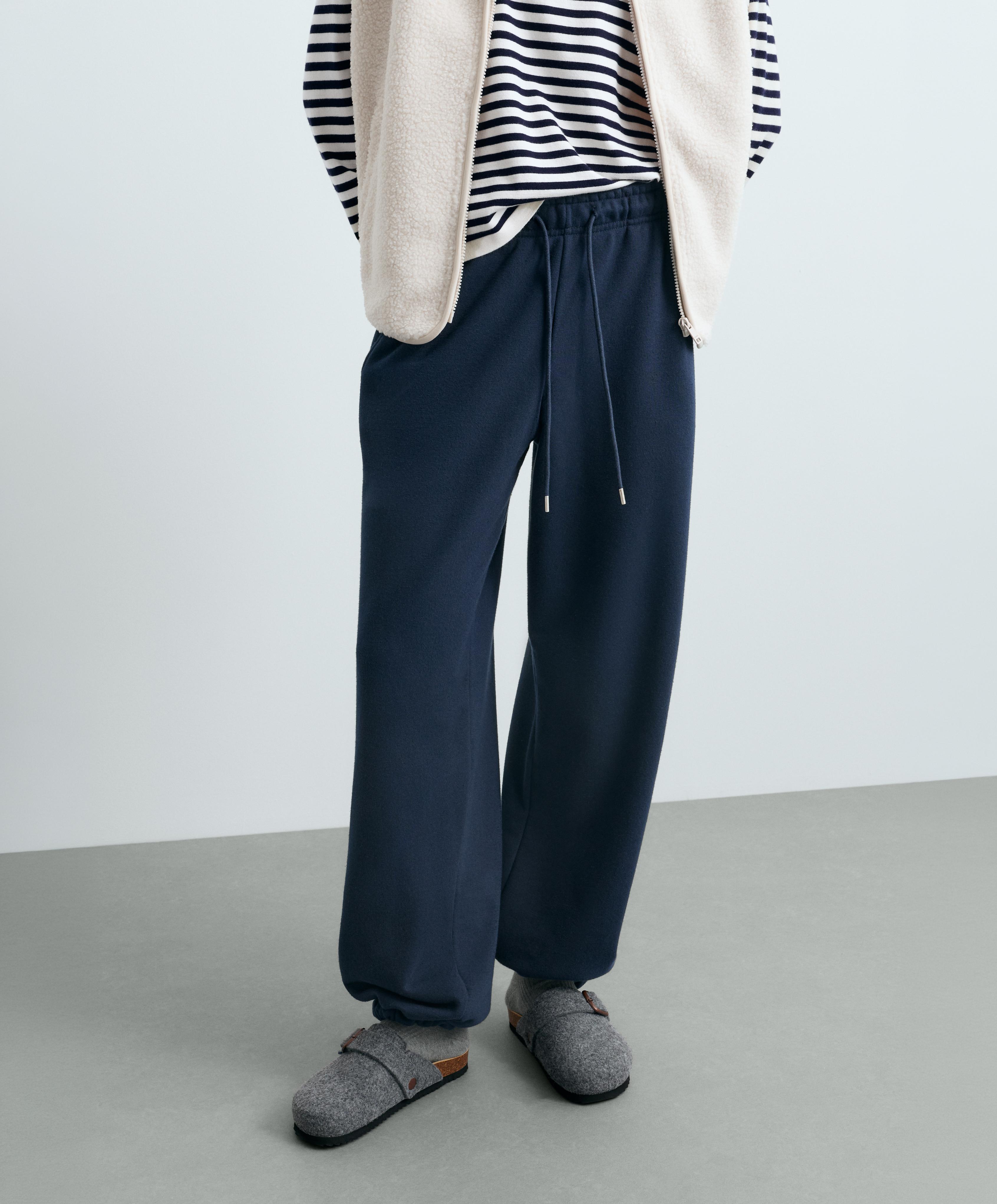 Cotton blend fleece straight-leg trousers — NAVY BLUE