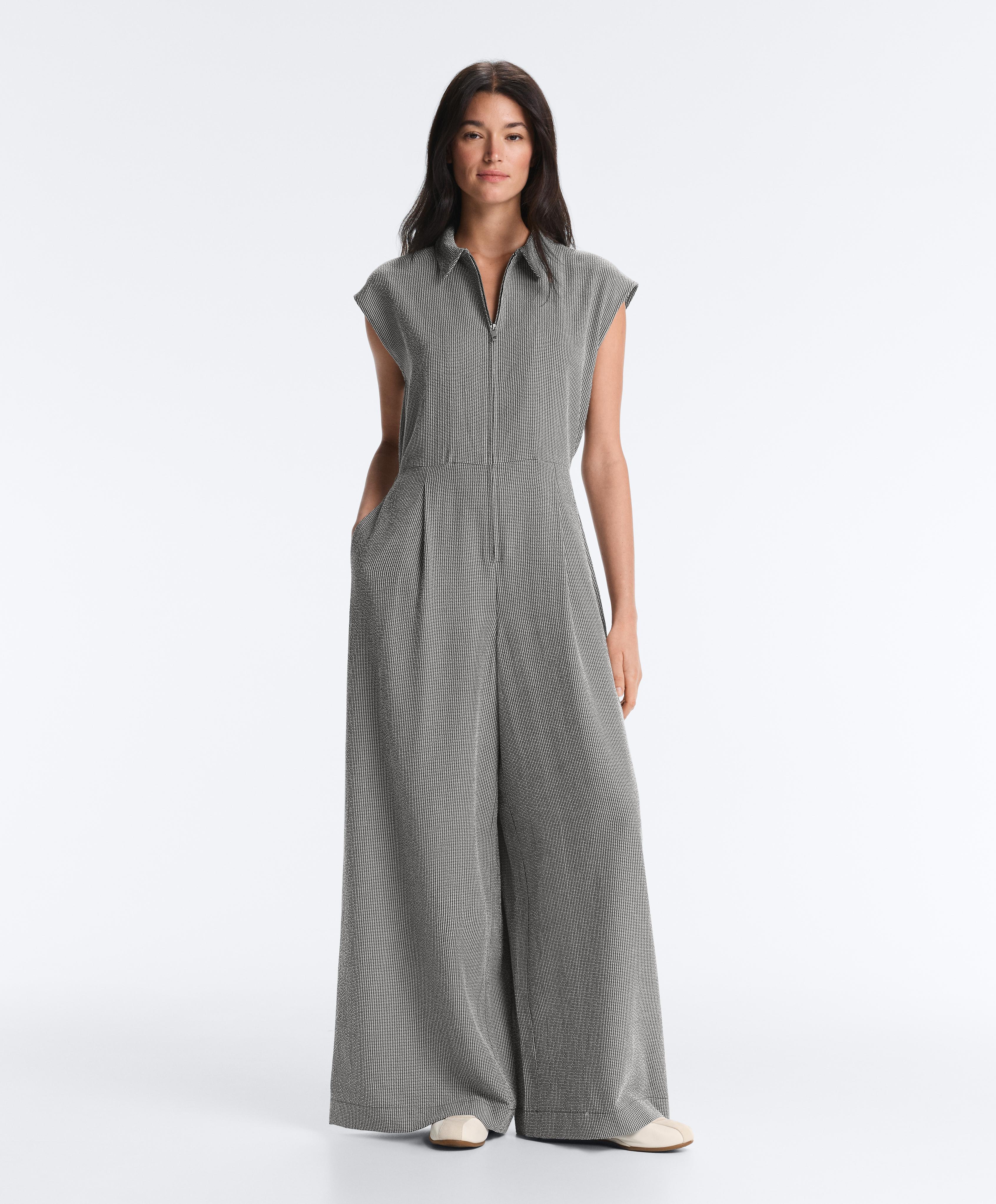 Long gingham jumpsuit with lapel collar and lyocell blend — DUSTY BLACK