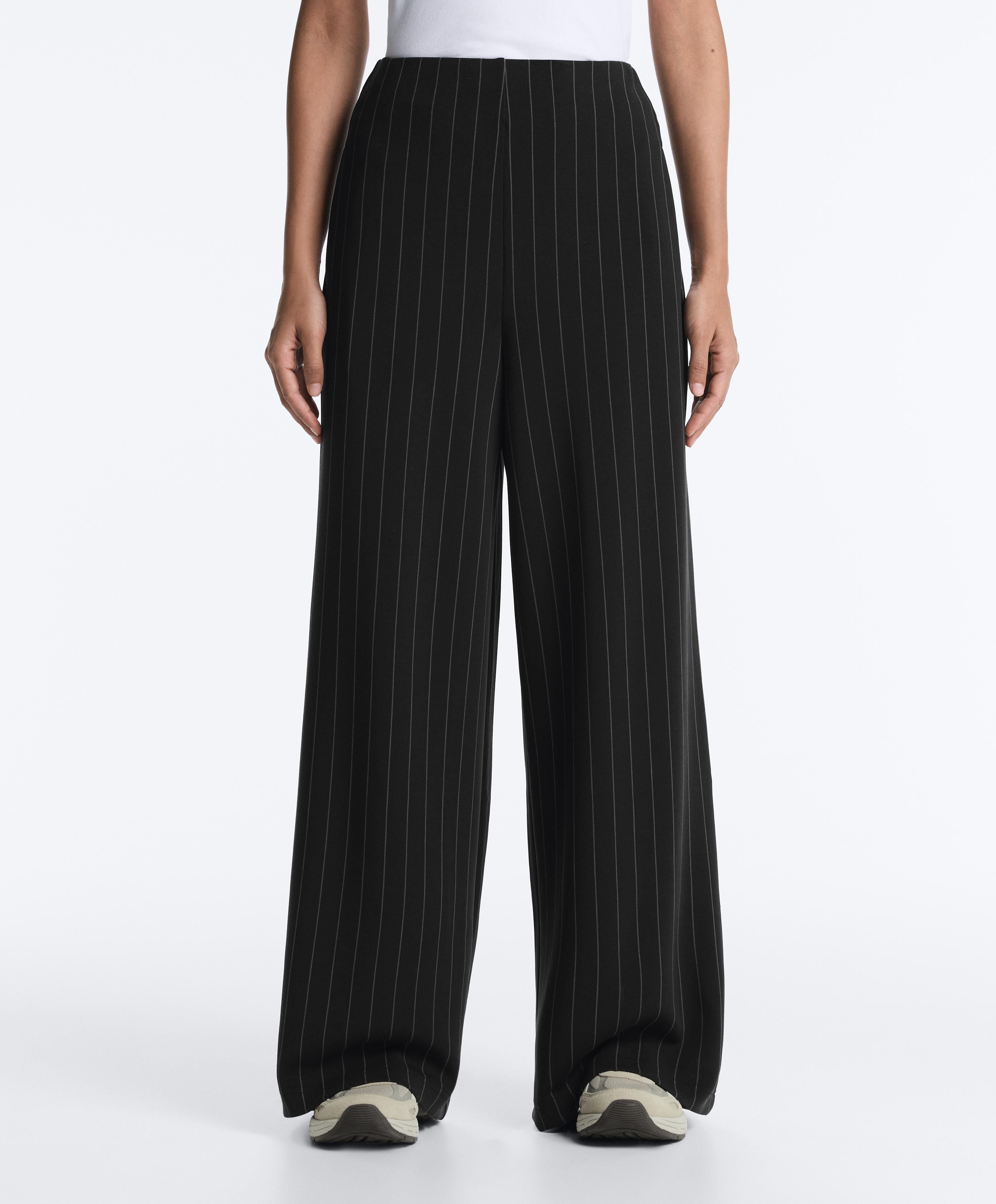 Soft touch pinstripe wide leg high rise trousers — BLACK