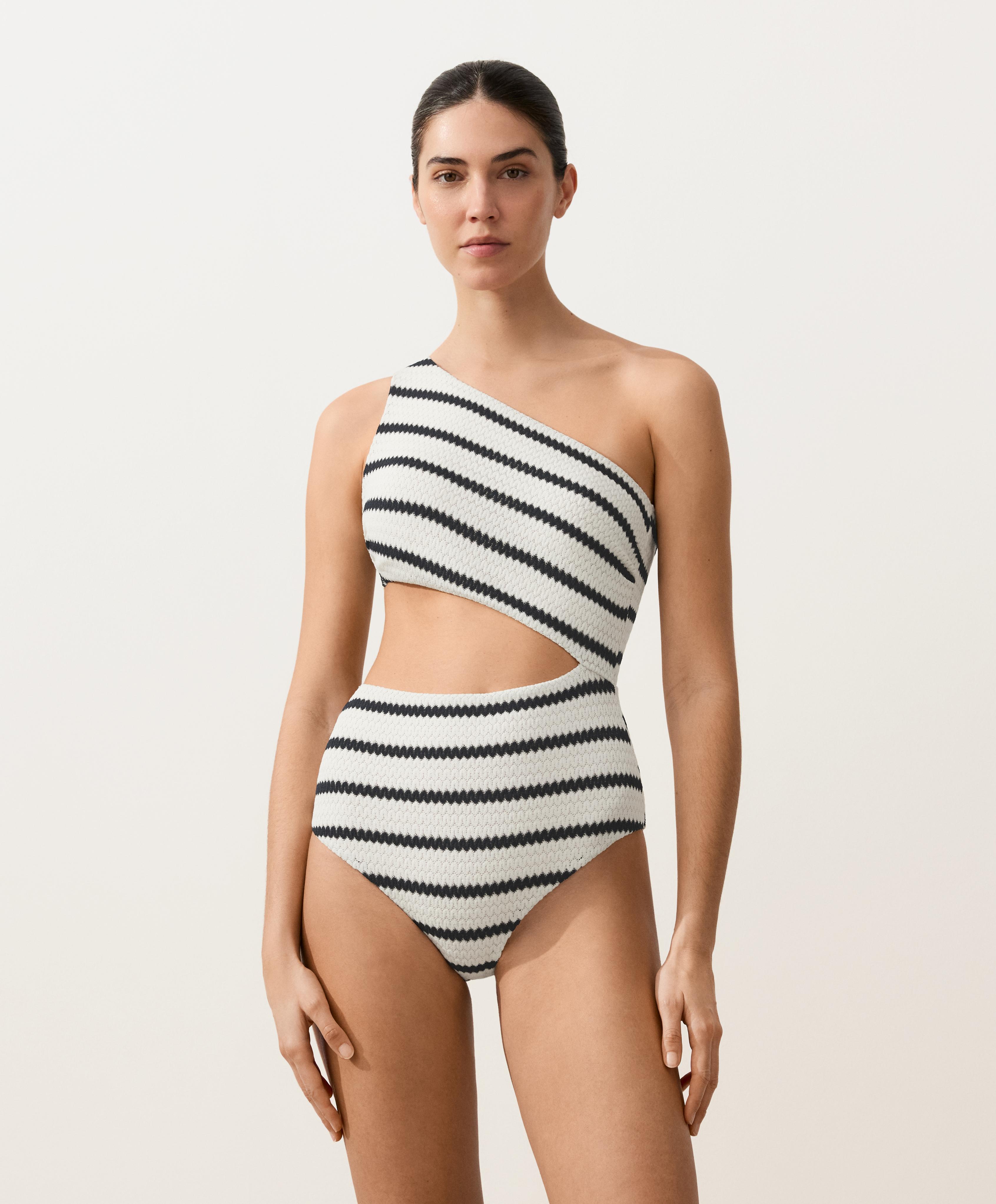 Asymmetric striped crochet trikini — PALE ECRU