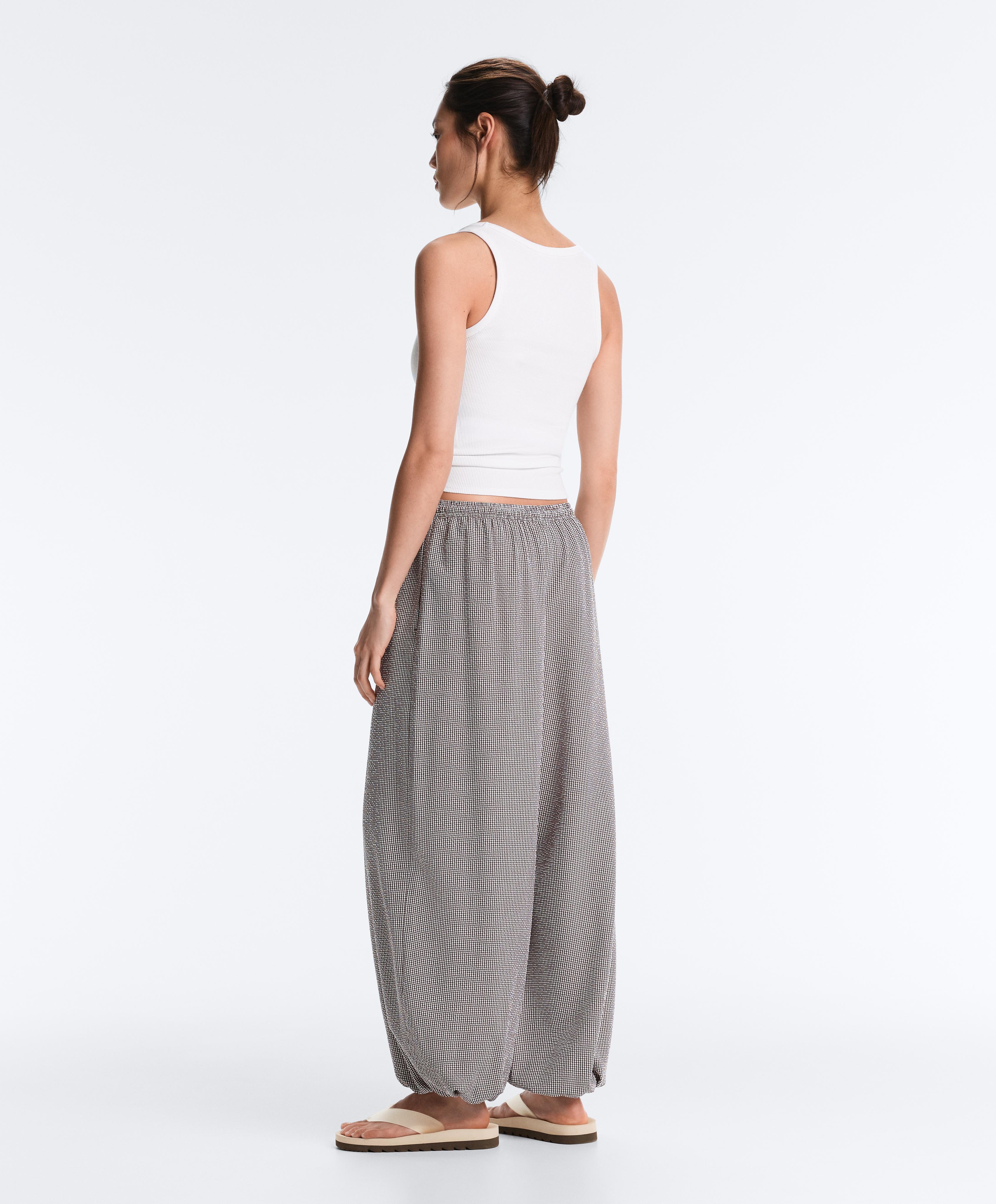 Lyocell blend gingham maxi bloomer trousers — DARK REDDISH‑BROWN