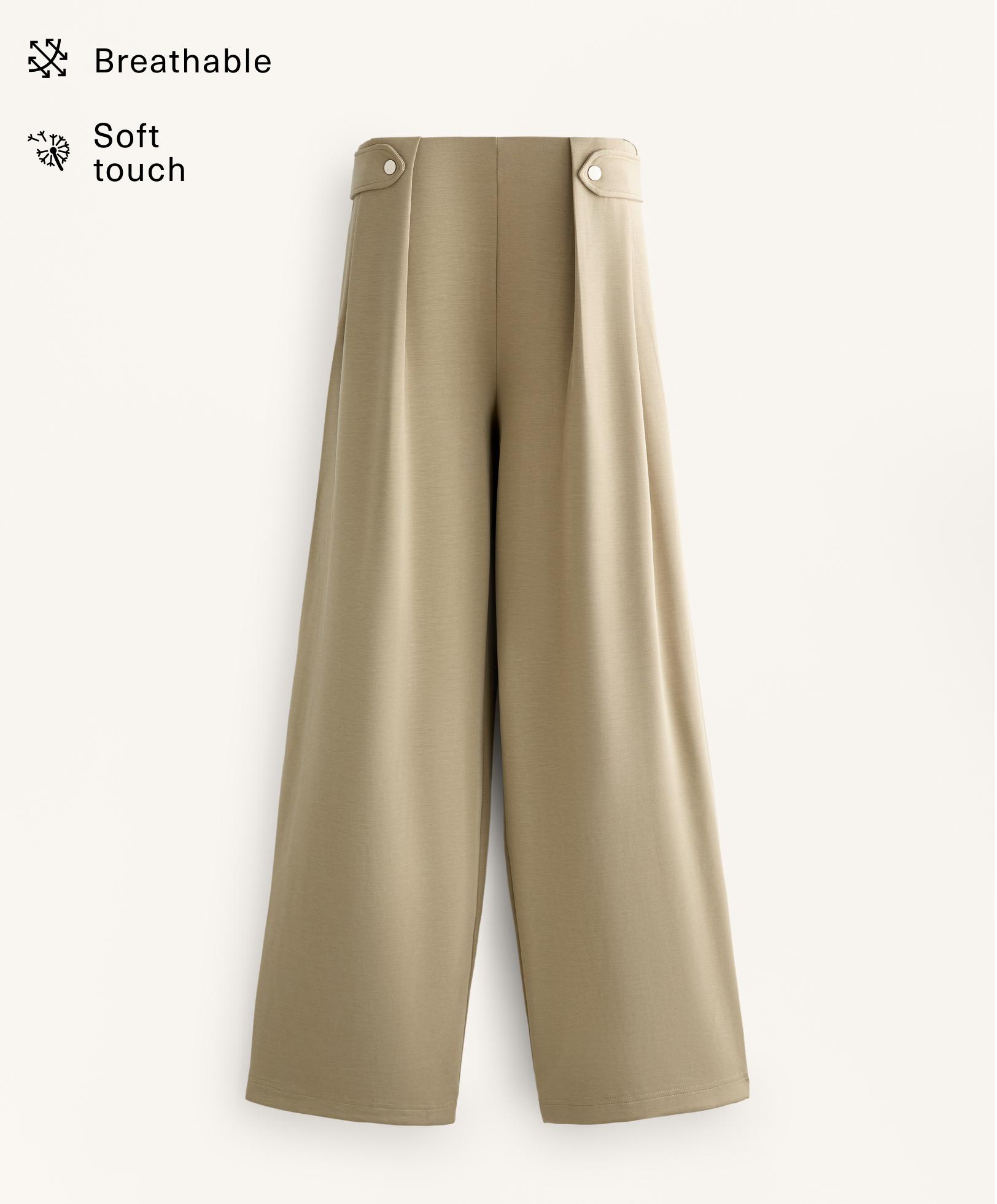 Soft-touch modal wide-leg trousers with pleat waist detail — GREEN BEIGE