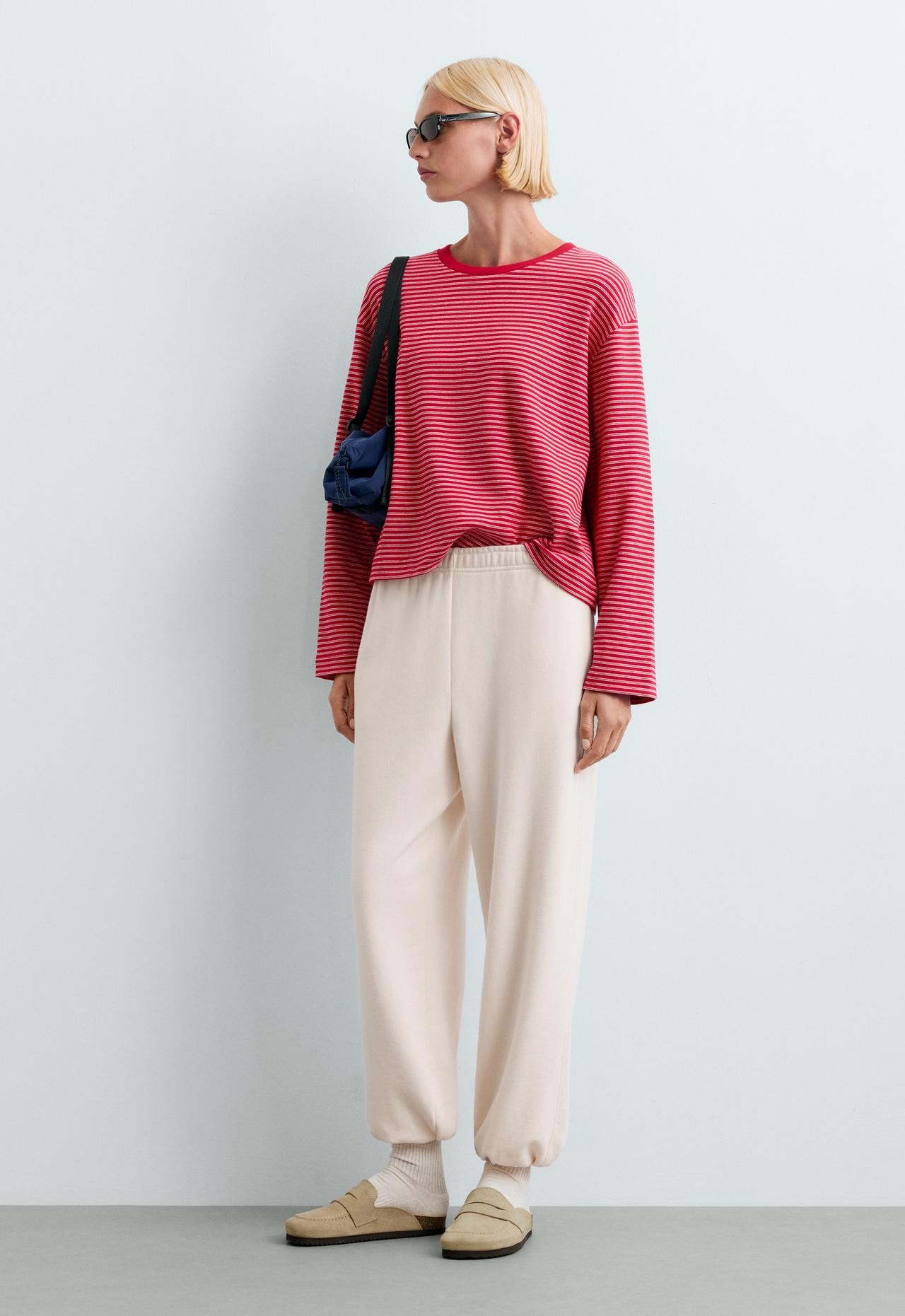 Striped boxy long-sleeved cotton-blend T-shirt — RED