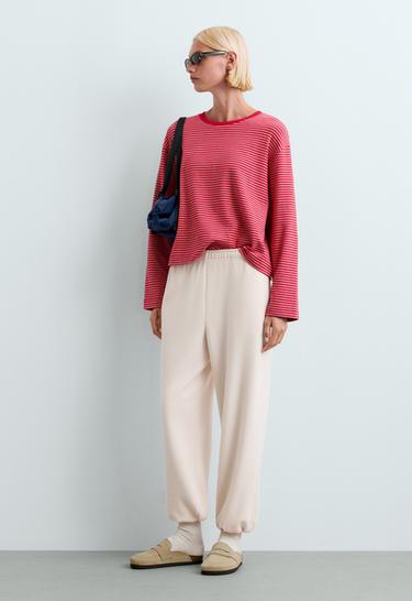 Striped boxy long-sleeved cotton-blend T-shirt — RED 1