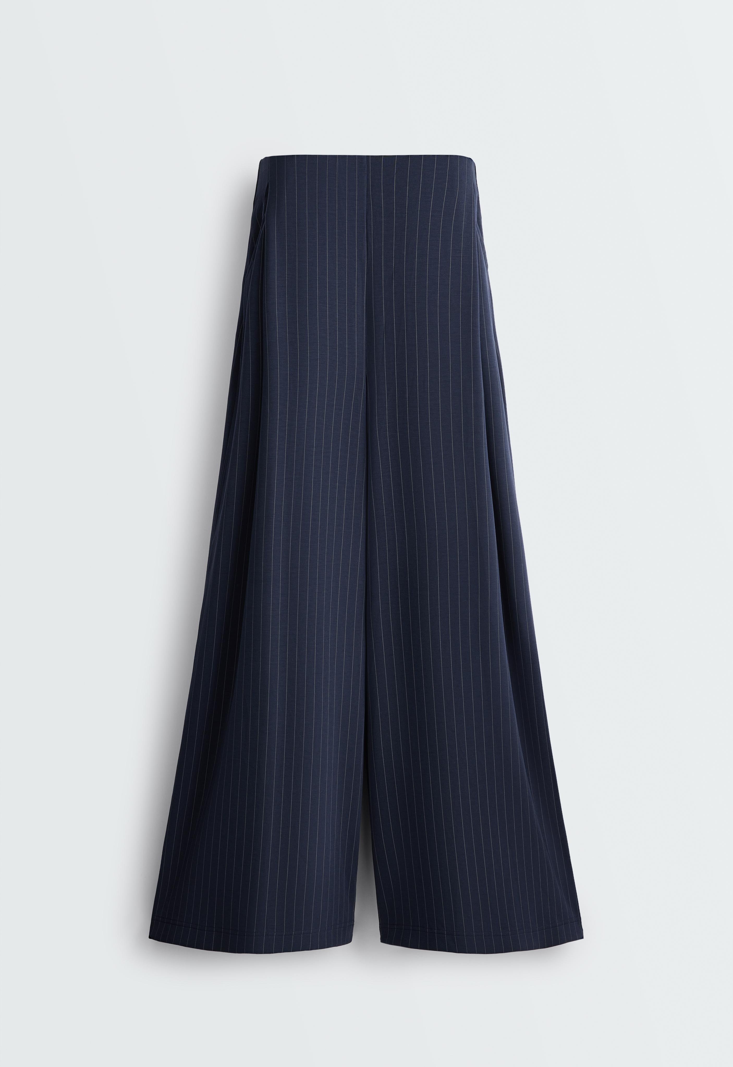 Modal pinstripe wide-leg trousers — NAVY BLUE