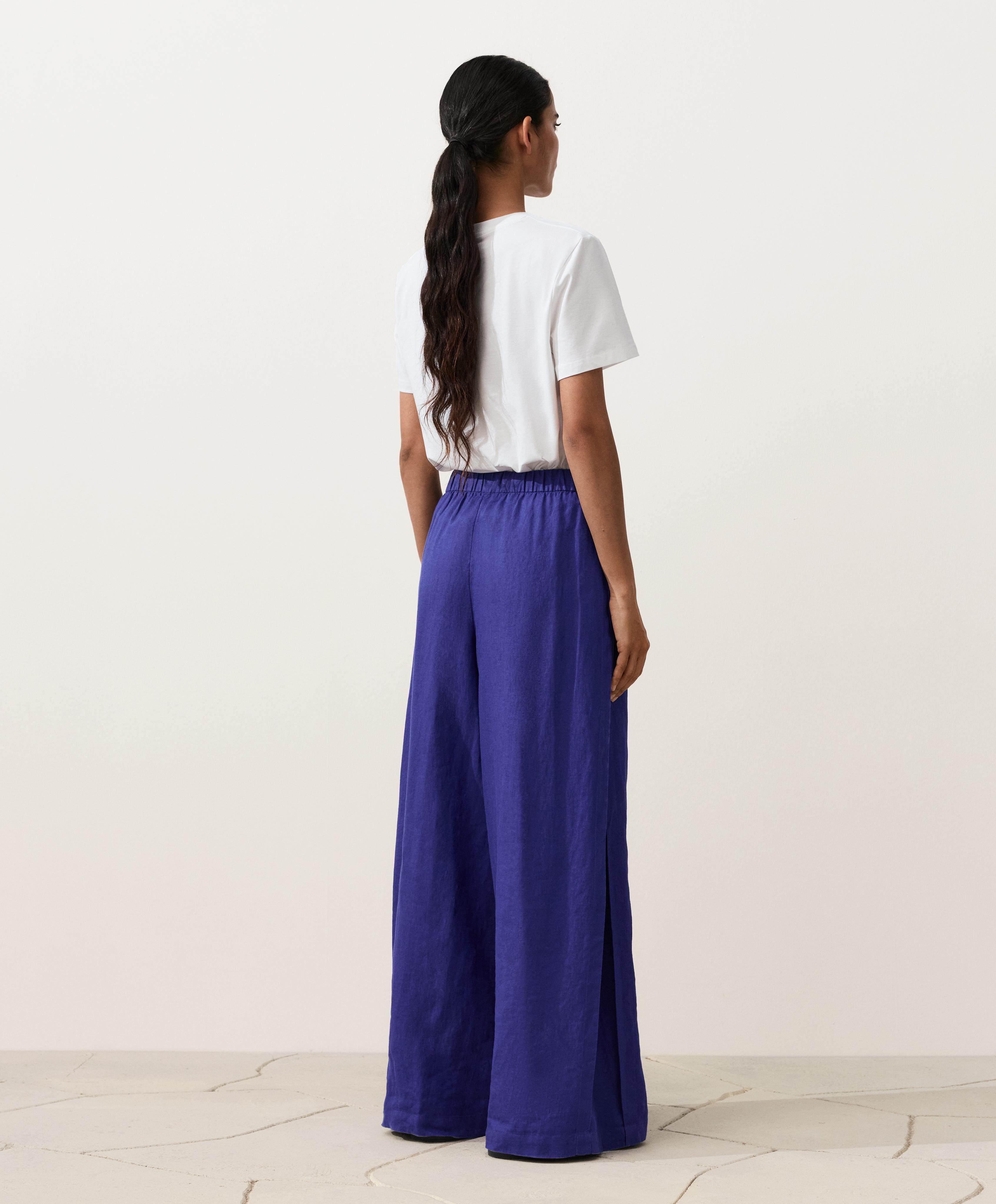 100% linen wide-leg trousers with side pleat — COBALT