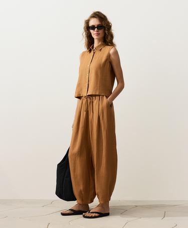Sleeveless cropped 100% linen shirt — MUSTARD 5
