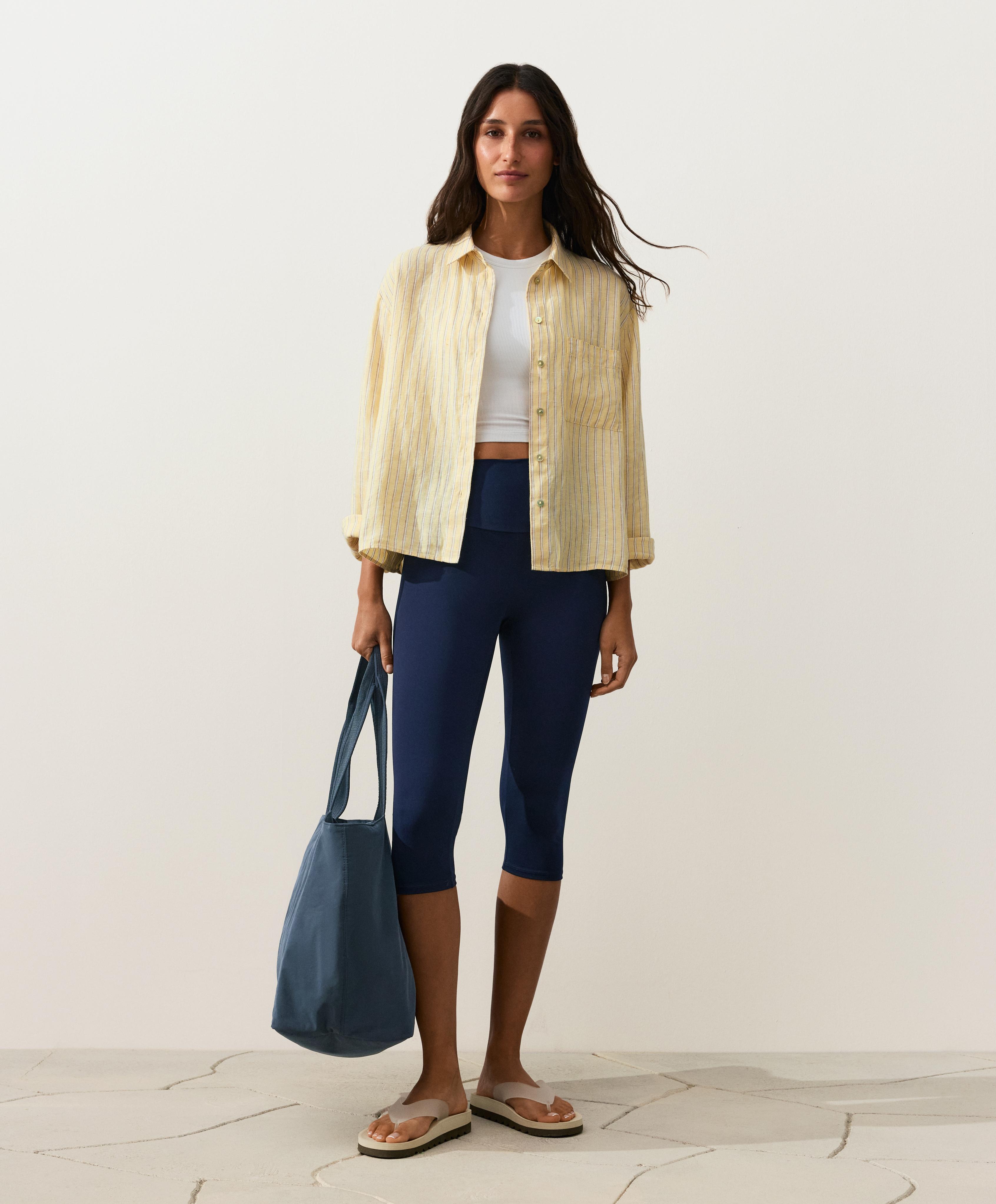 Striped 100% linen cropped shirt — SOFT YELLOW