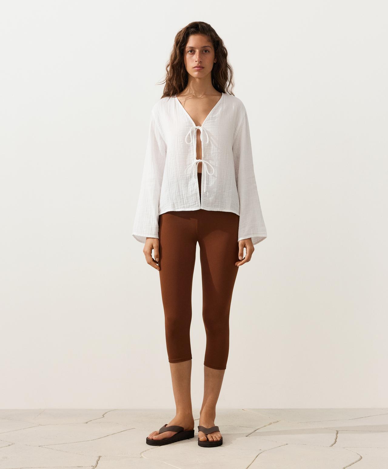 100% cotton gauze long-sleeved tie-front shirt — WHITE 
