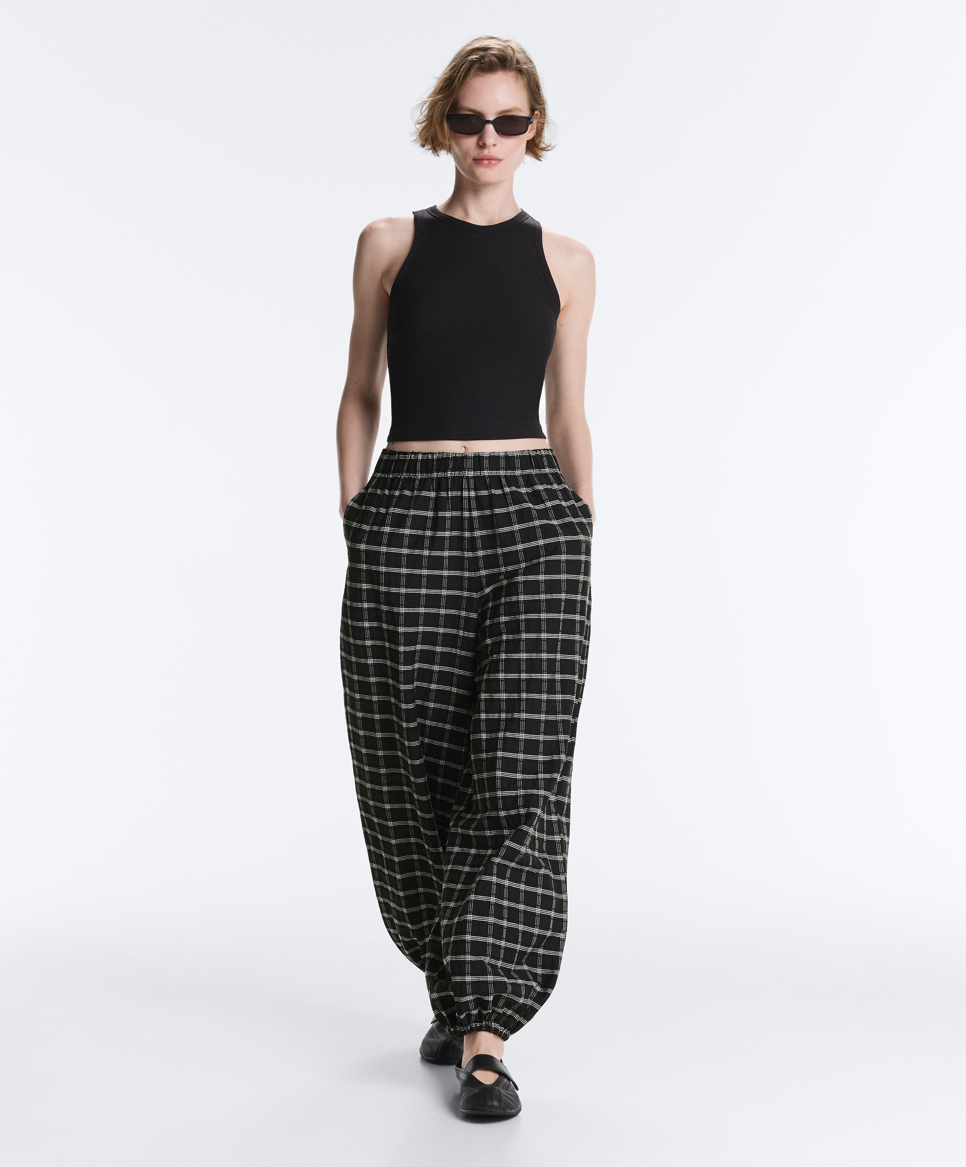 Check cotton bloomer trousers — BLACK