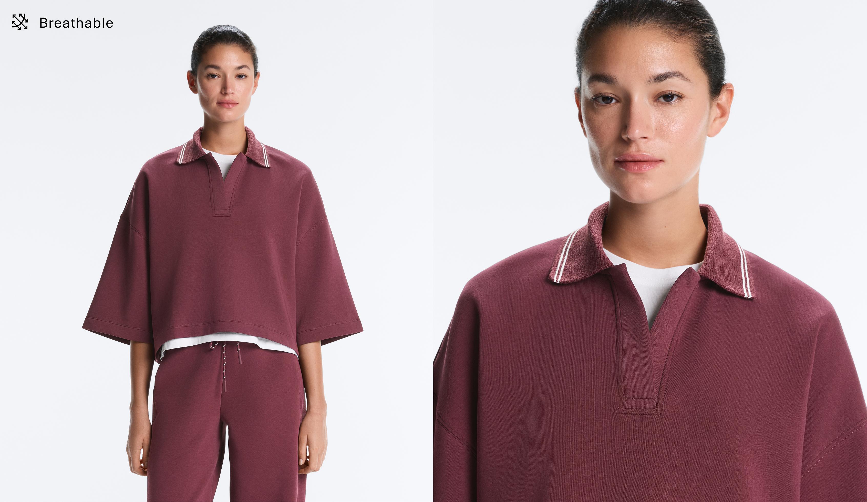 Cotton blend polo sweatshirt with wide sleeves — CHERRY