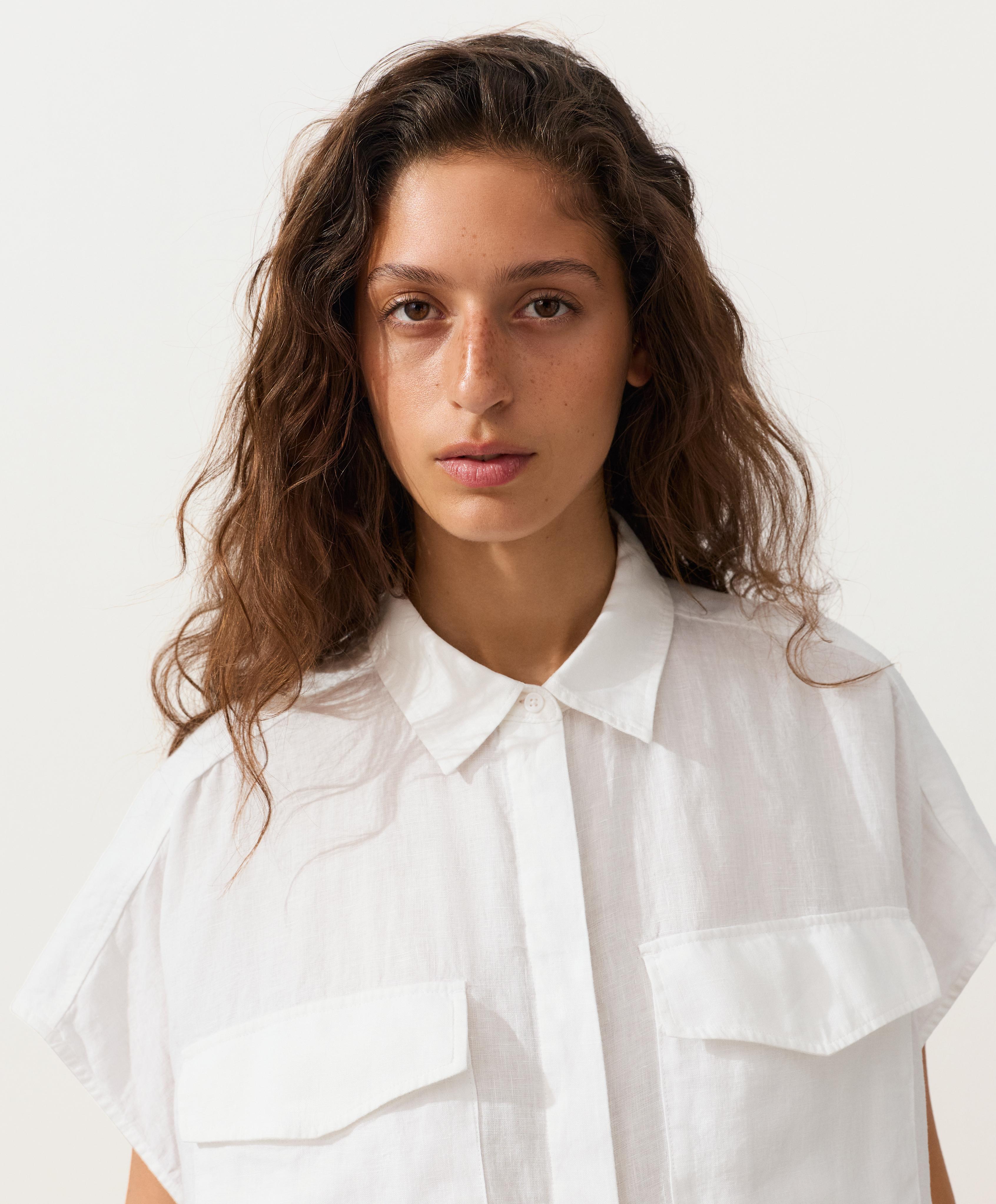 100% linen collared shirt with pockets — WHITE