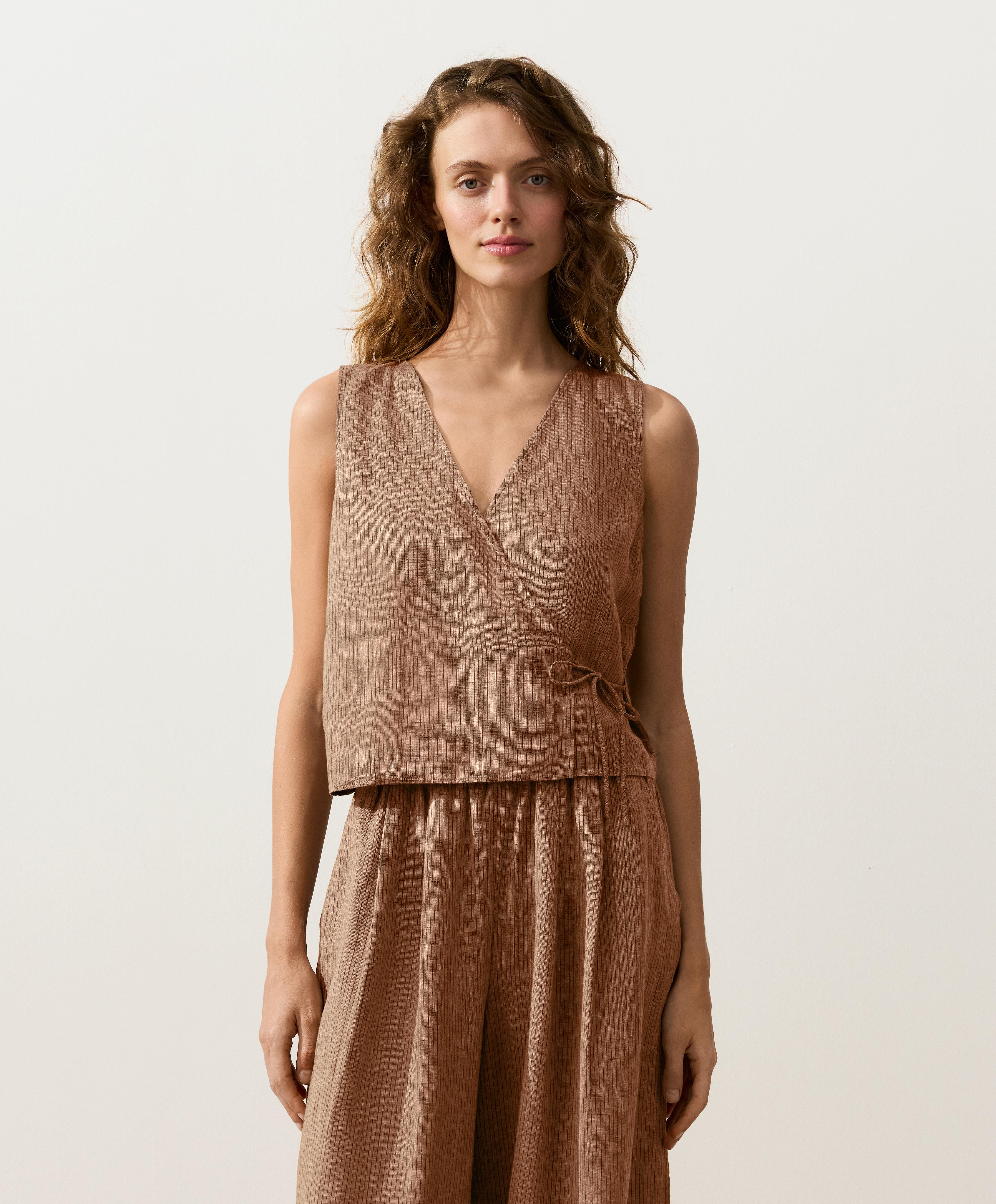 100% linen square neck crossover tie top — TAN MELANGE