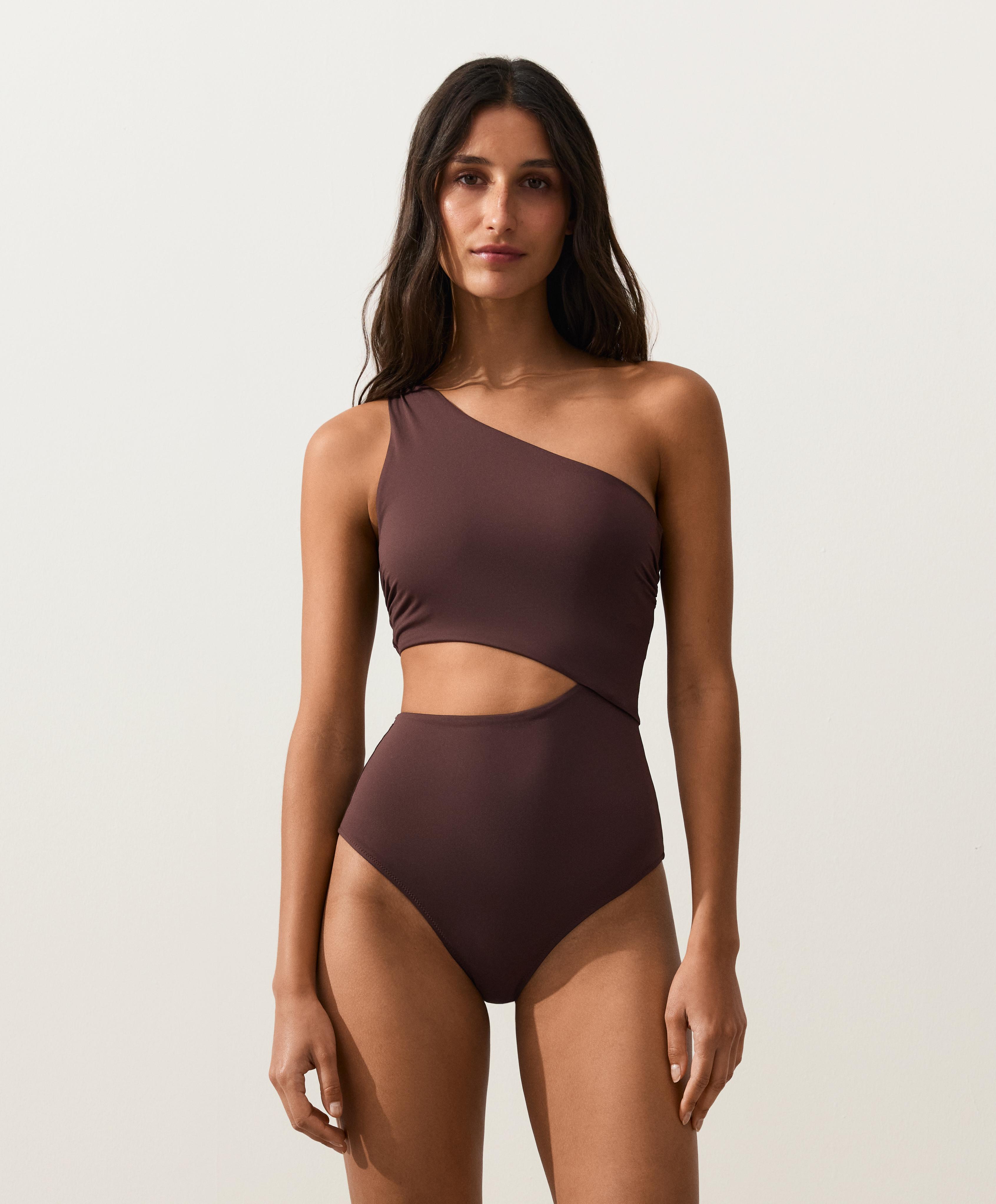 Asymmetric strap trikini — CHOCOLATE