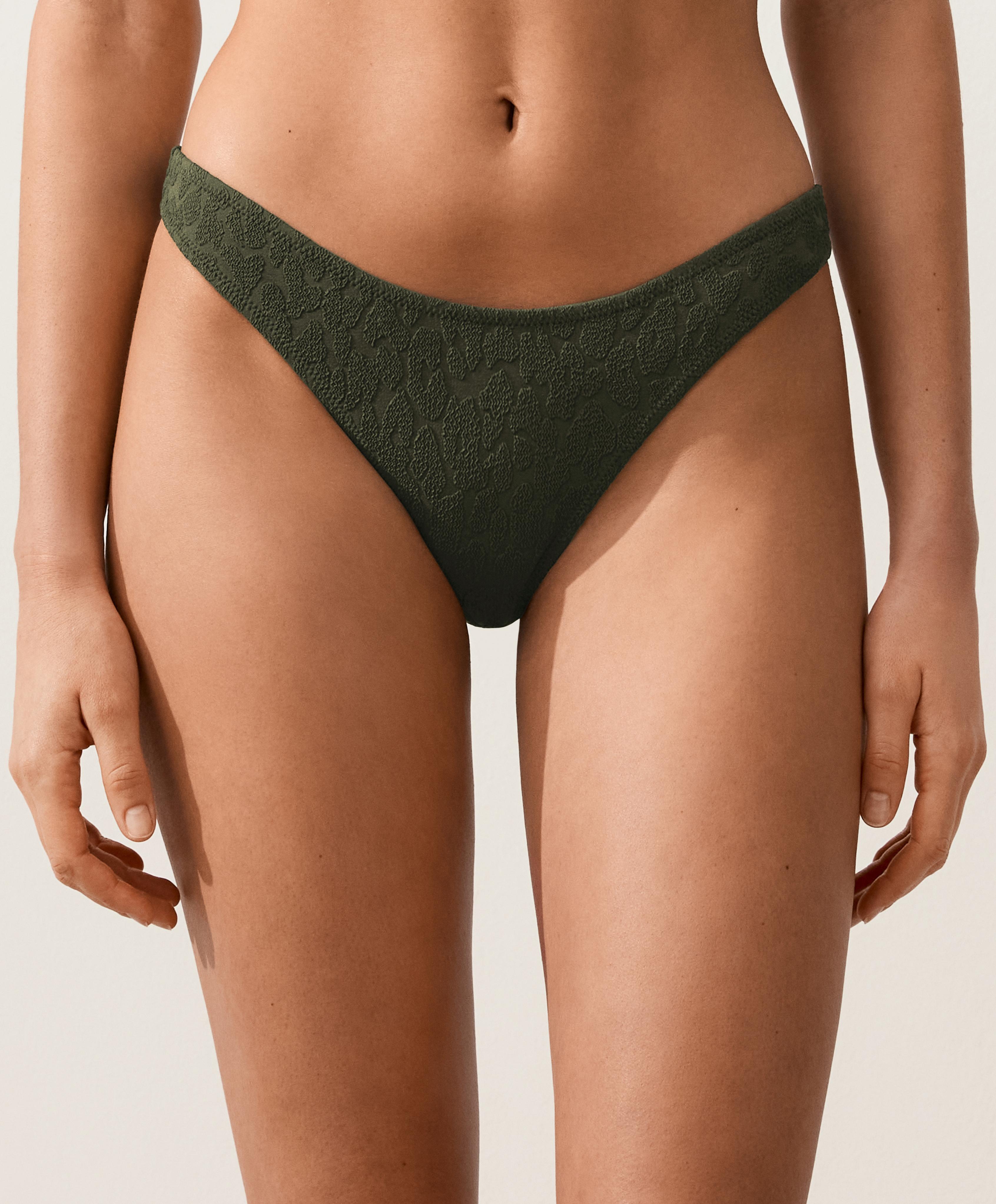U-cut leopard print textured Brazilian bikini briefs — DARK KHAKI