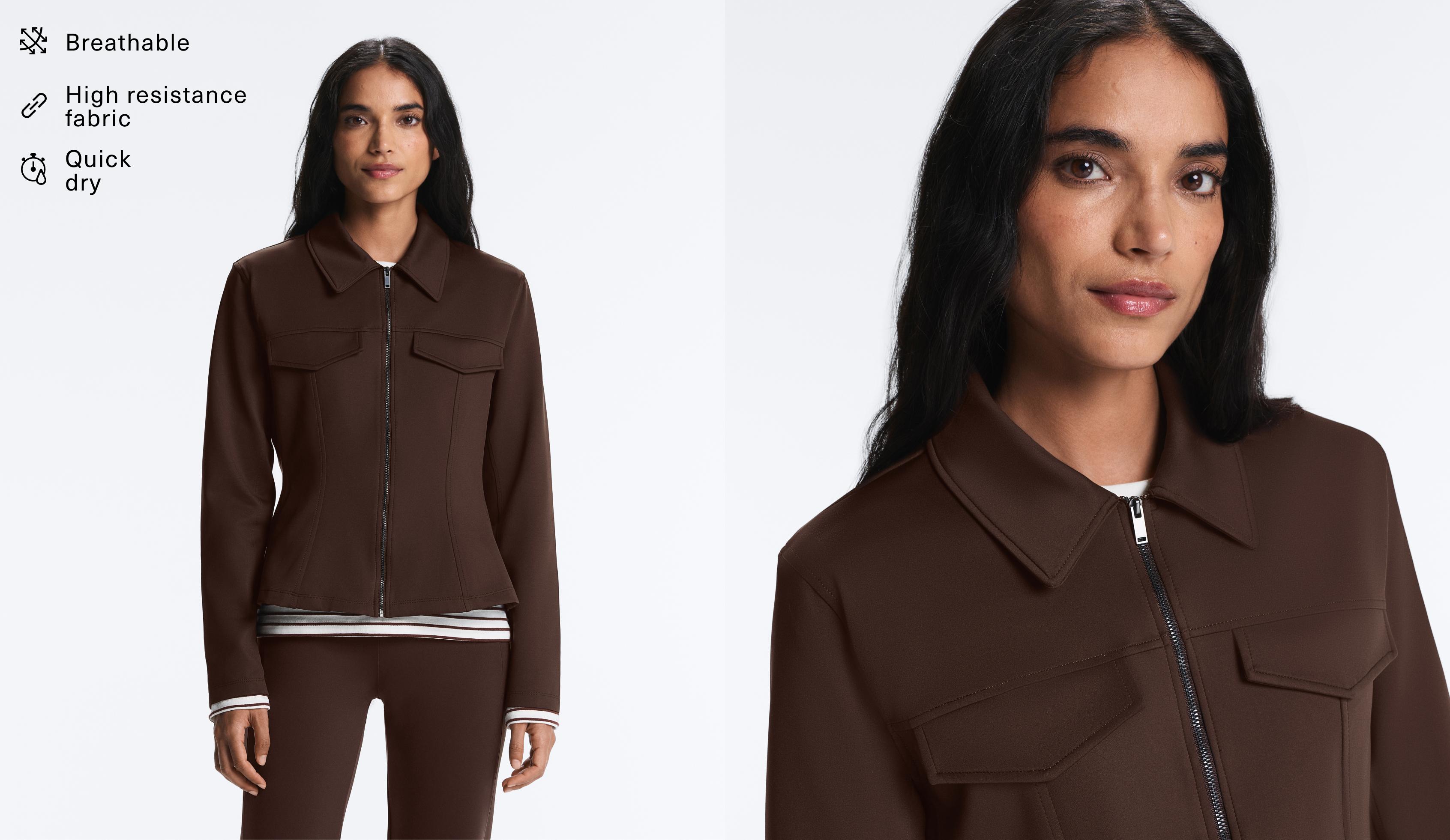 Neoprene-effect peplum jacket with ribbing — BROWN