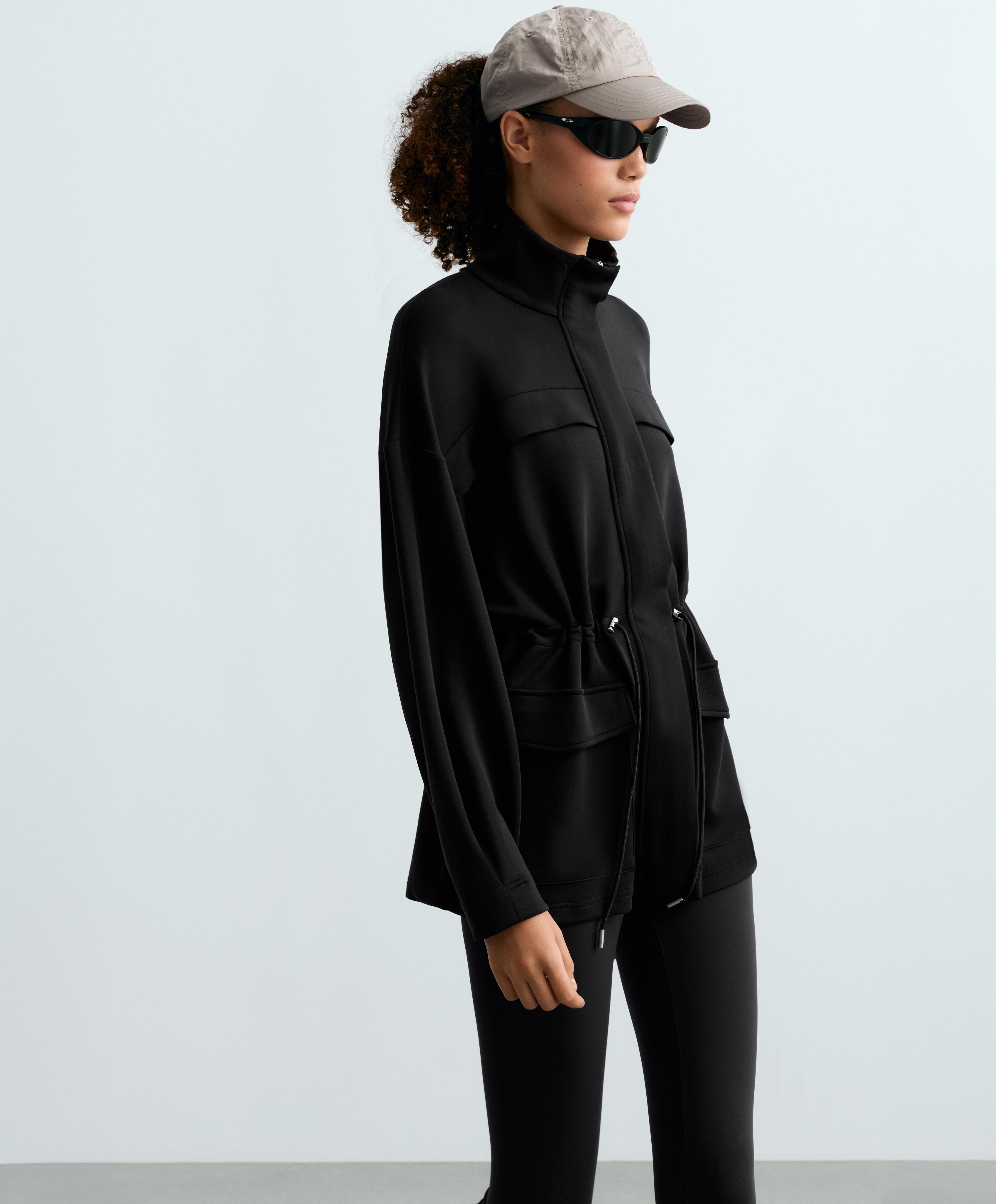 Long soft-touch modal jacket with pockets — BLACK