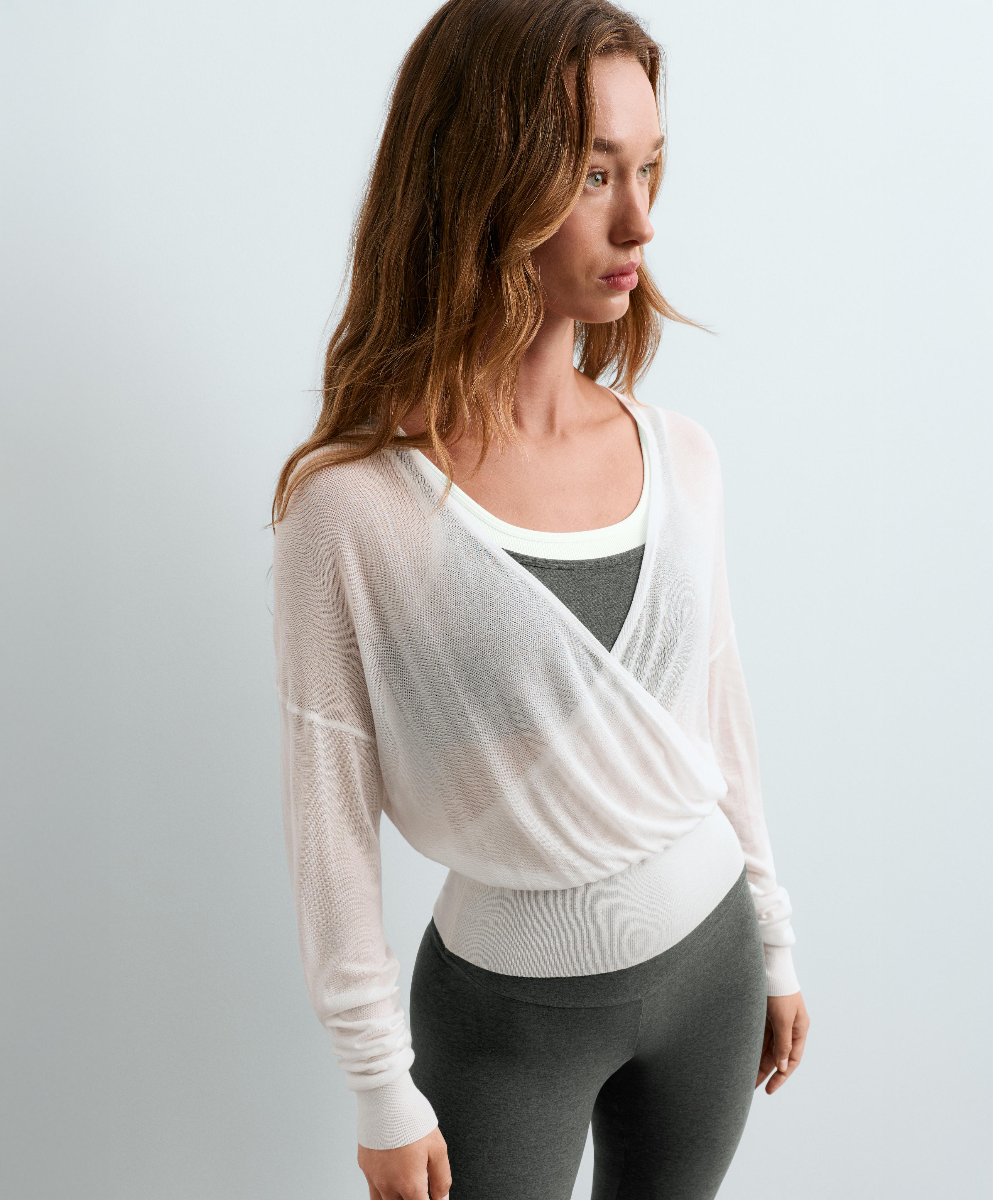 Lyocell blend sheer cross-over long sleeve T-shirt — WHITE 