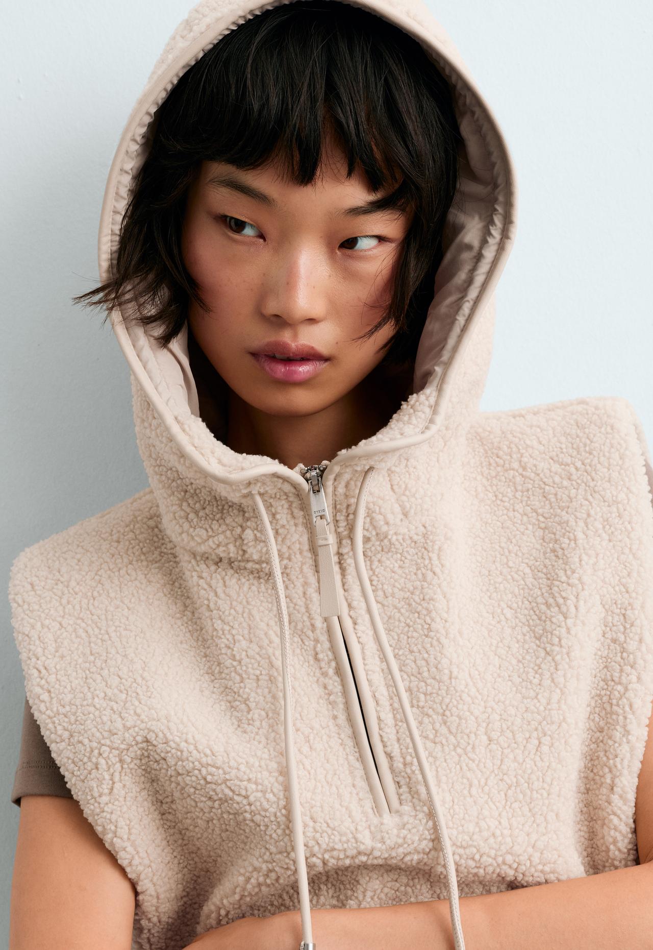 Faux-shearling hooded gilet — CREAM