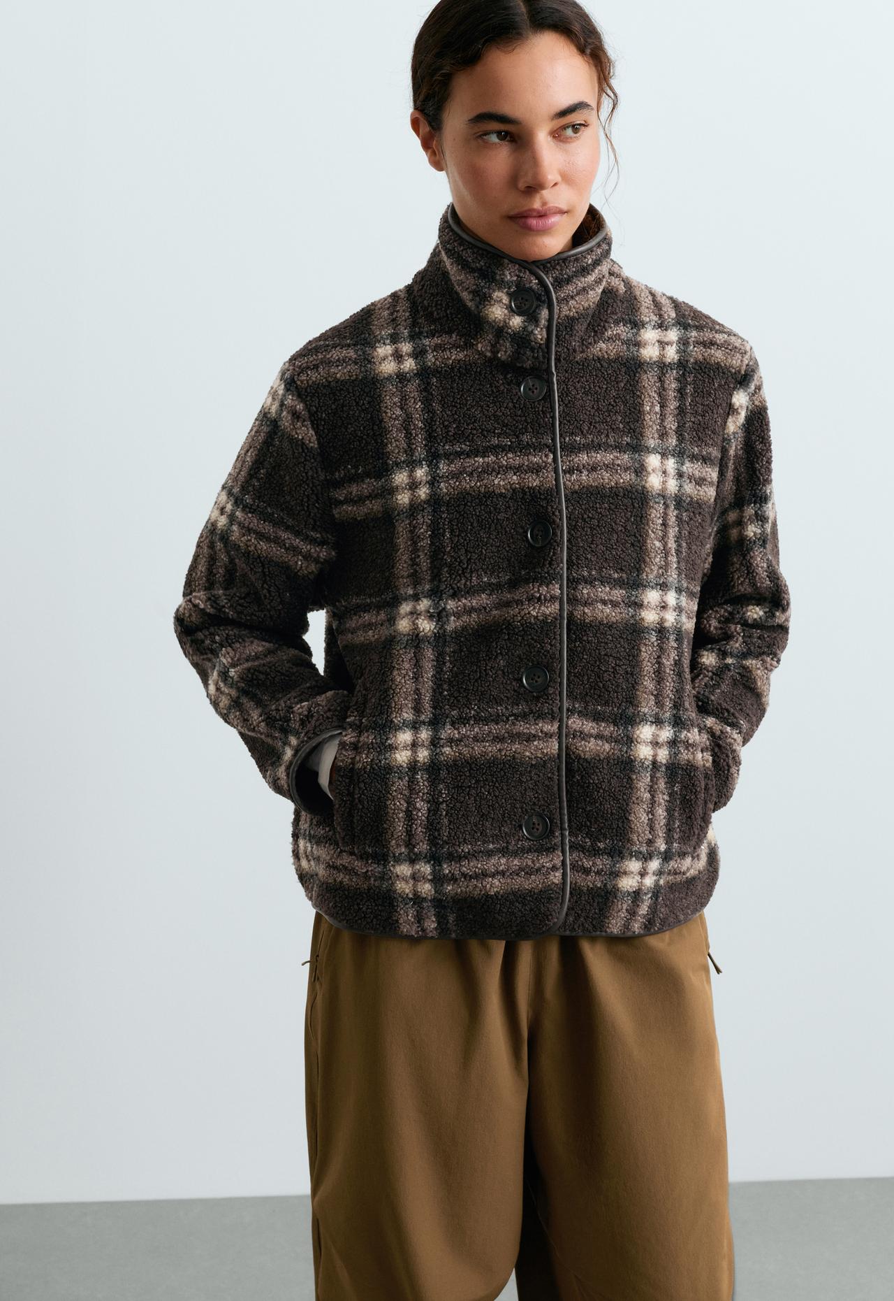 Checked faux-shearling jacket — DARK BROWN
