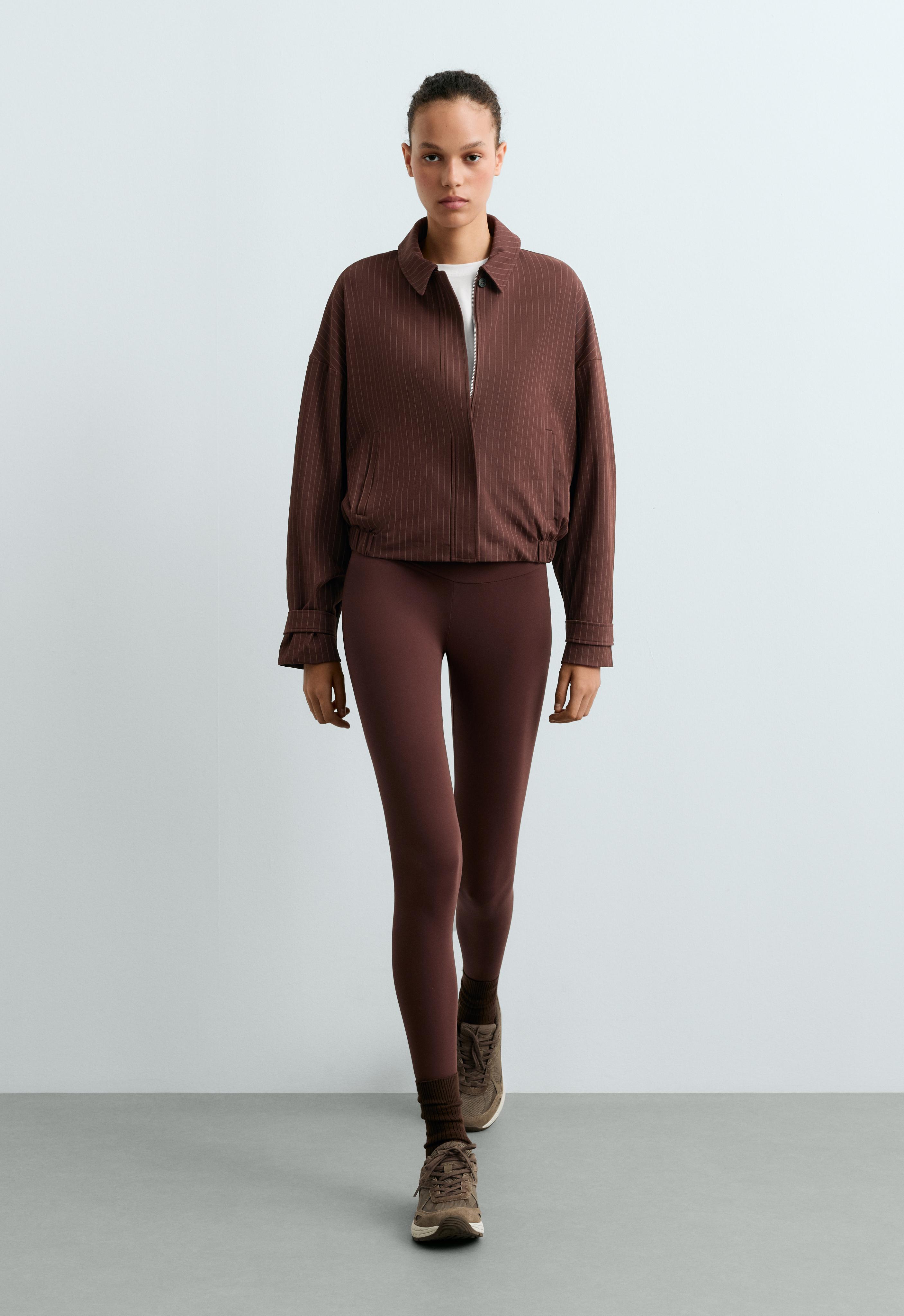 Pinstripe piqué polo neck jacket with cotton — CHOCOLATE