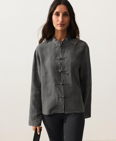 Striped 100% linen stand-up collar shirt — DARK ANTHRACITE 5