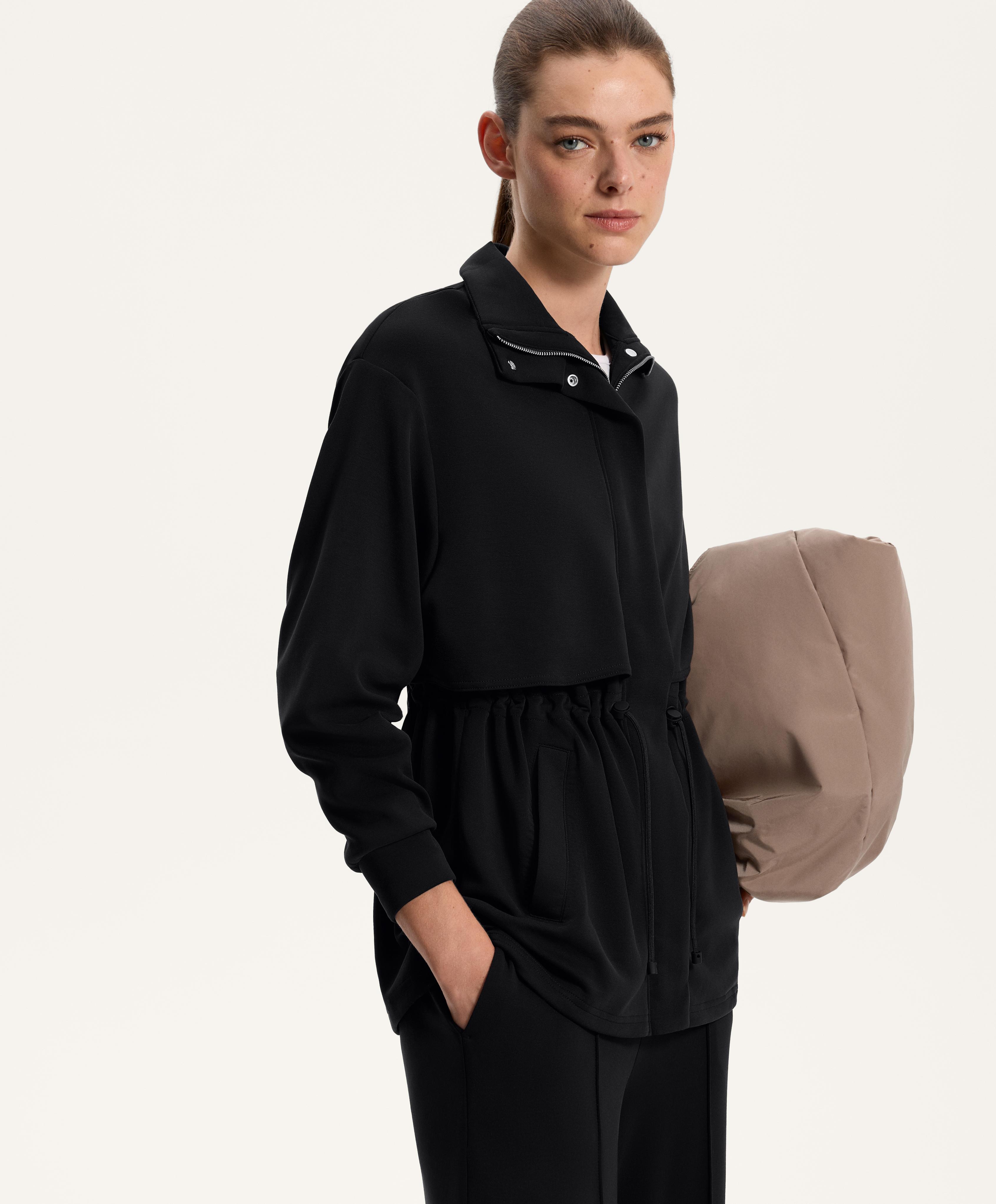 Long soft-touch jacket with modal and pockets — BLACK