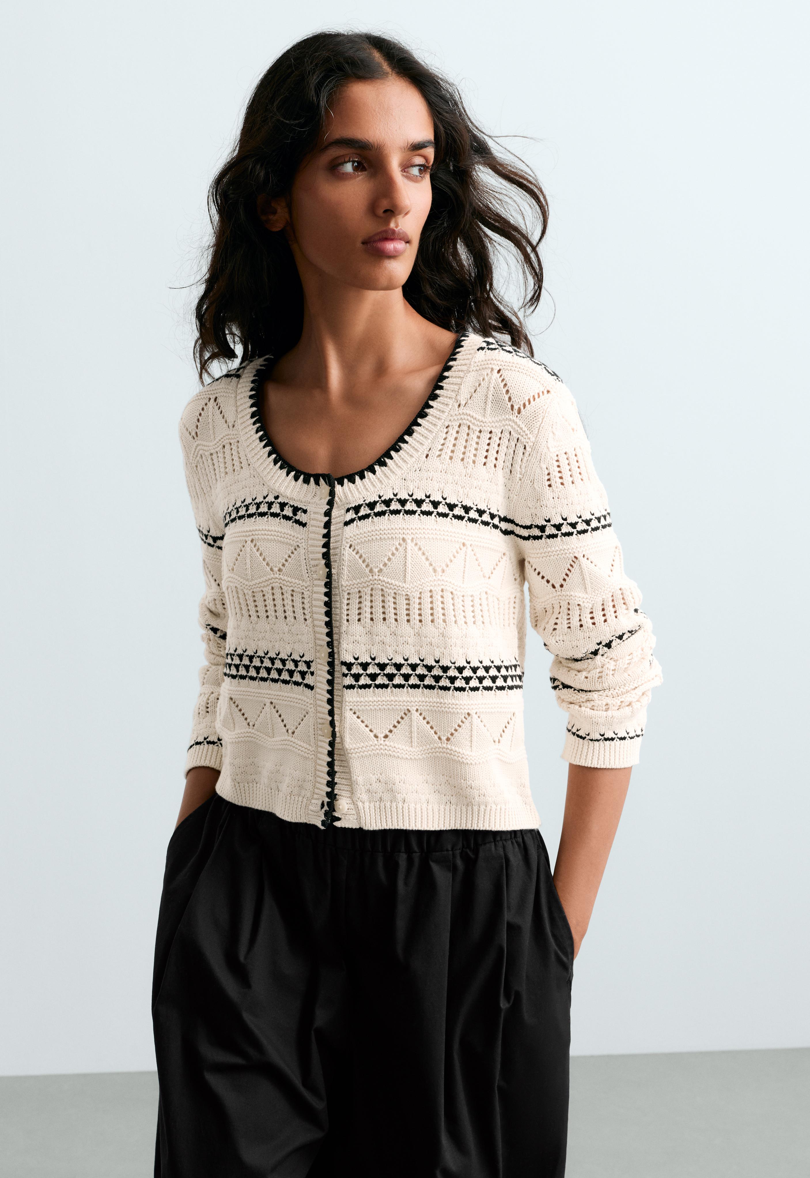 100% cotton contrast open-knit cardigan - Sale