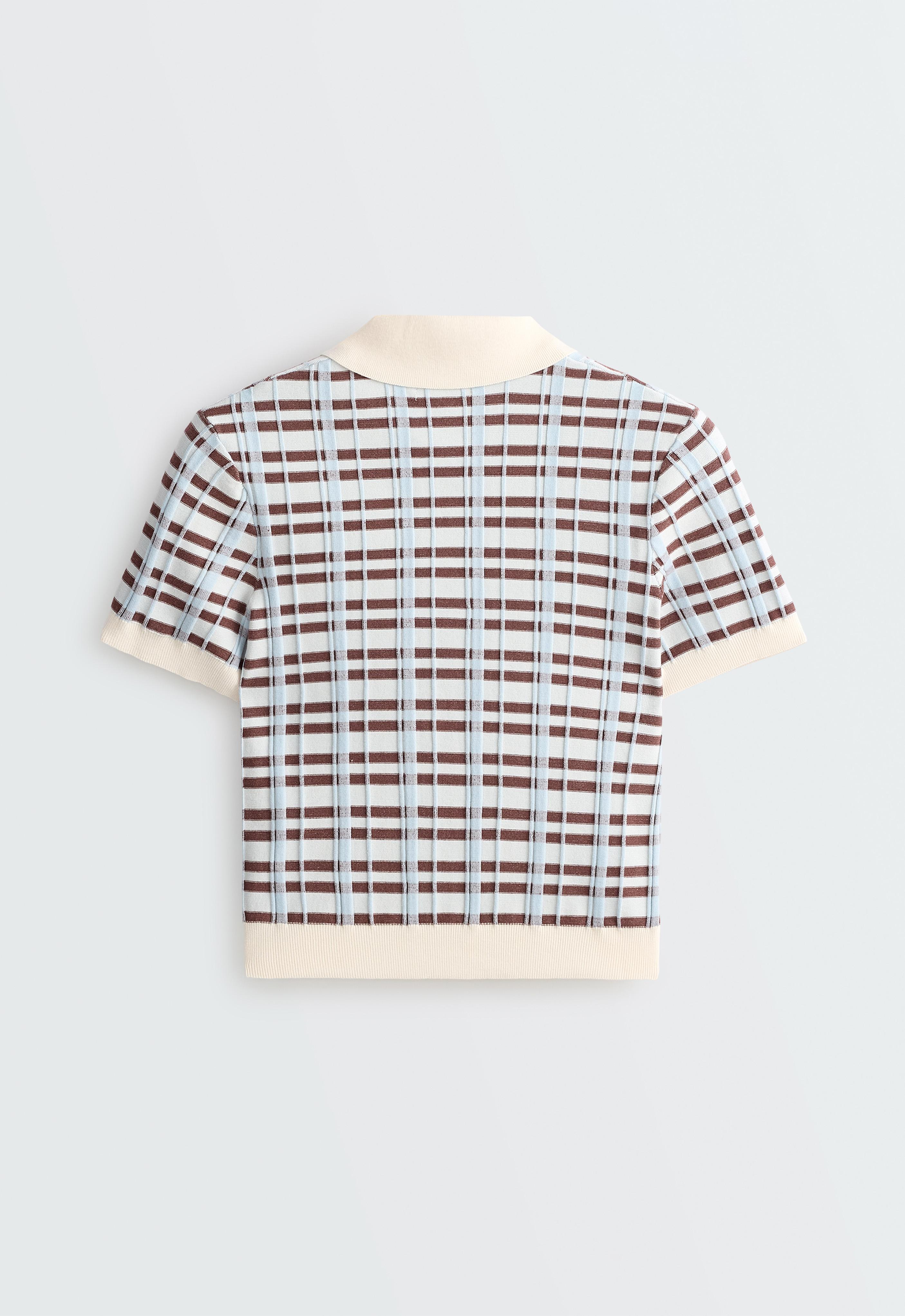 Short sleeve check knit polo shirt — PALE ECRU