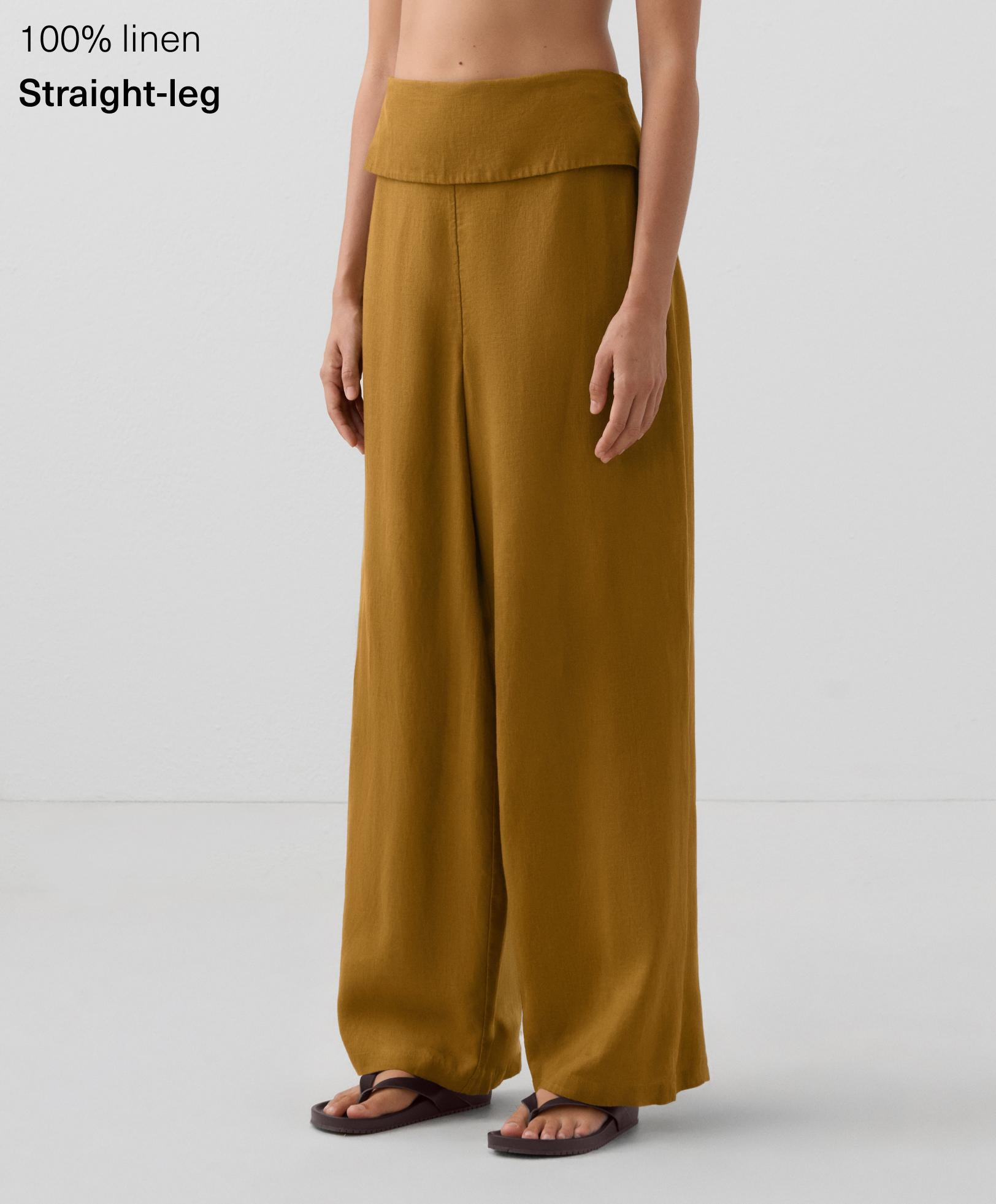 100% linen straight-leg trousers with folded waistband - Sale