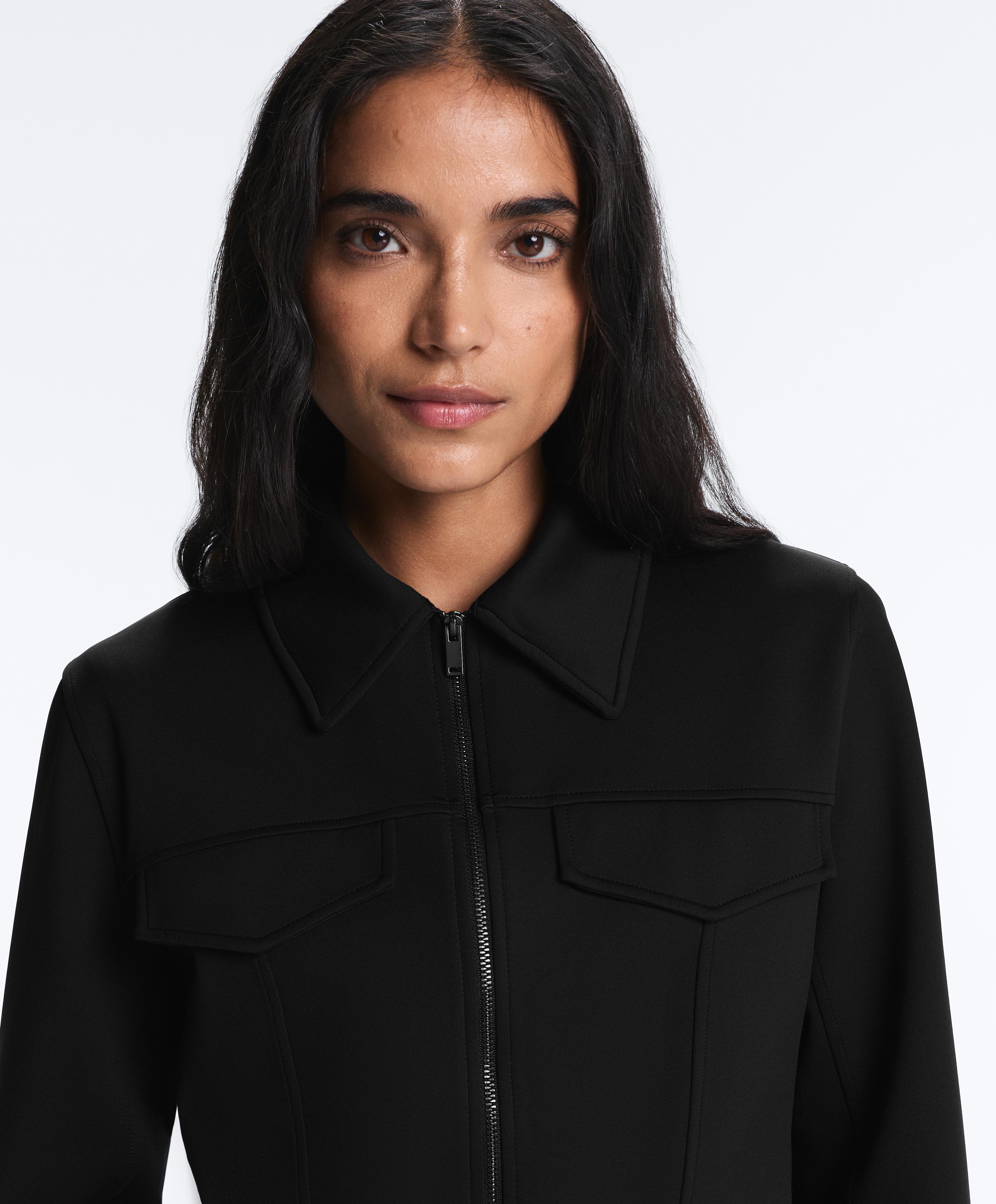 Neoprene-effect peplum jacket with ribbing — BLACK