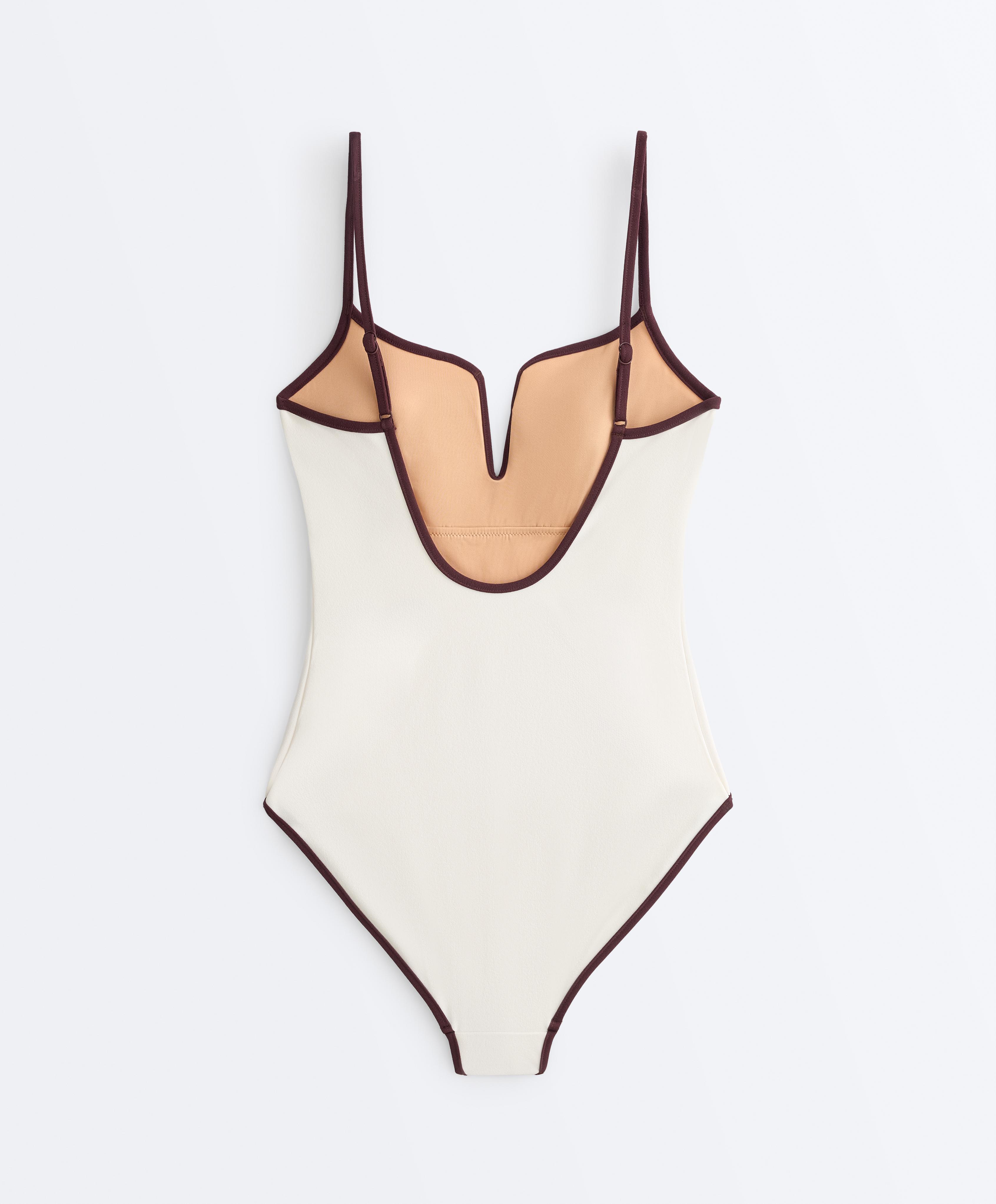 V-neck contrast trim swimsuit — PALE ECRU