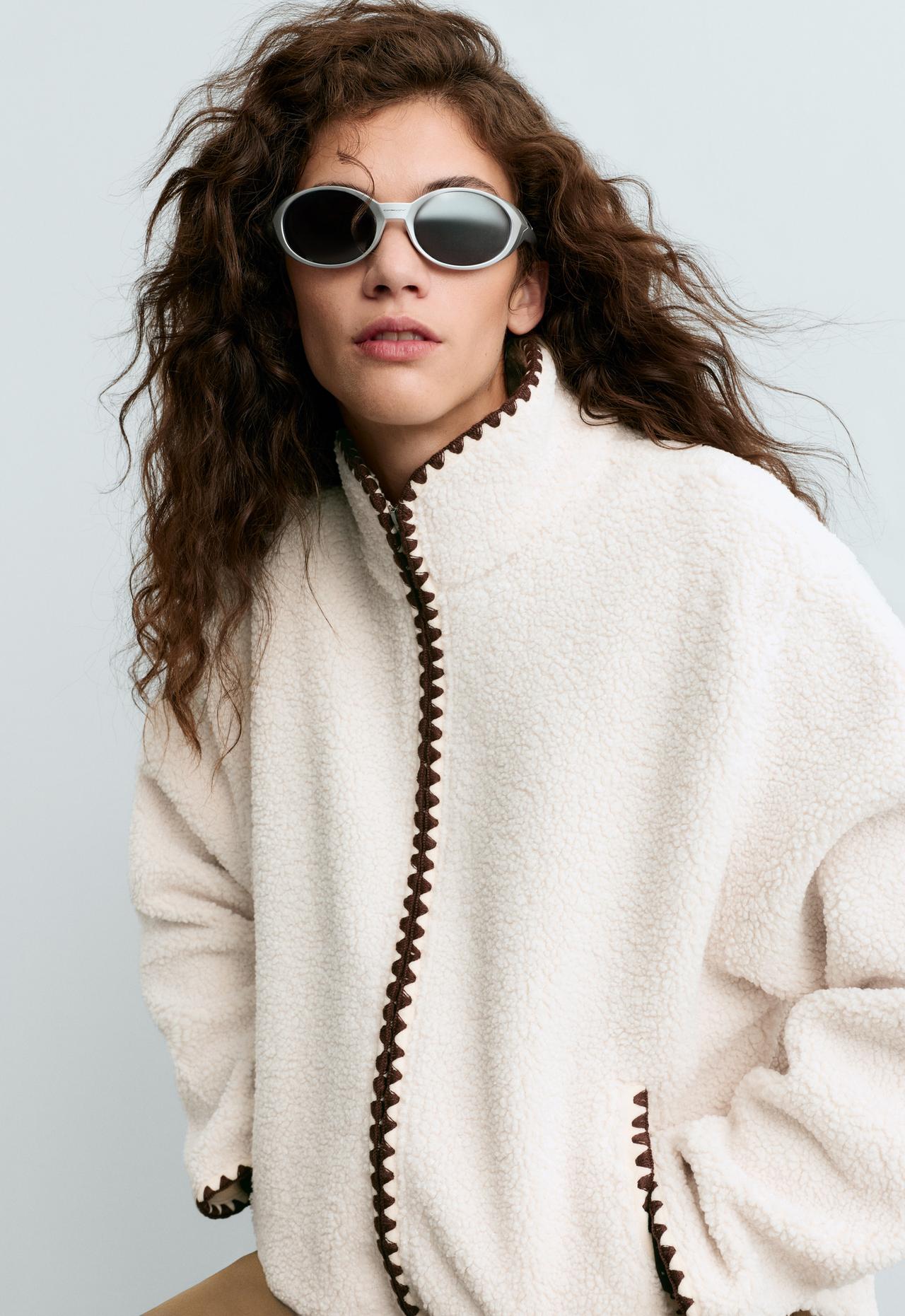 High-neck faux-shearling jacket with contrast stitching — ECRU