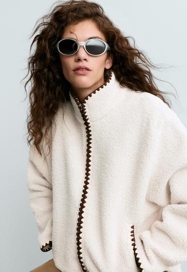 High-neck faux-shearling jacket with contrast stitching — ECRU 4