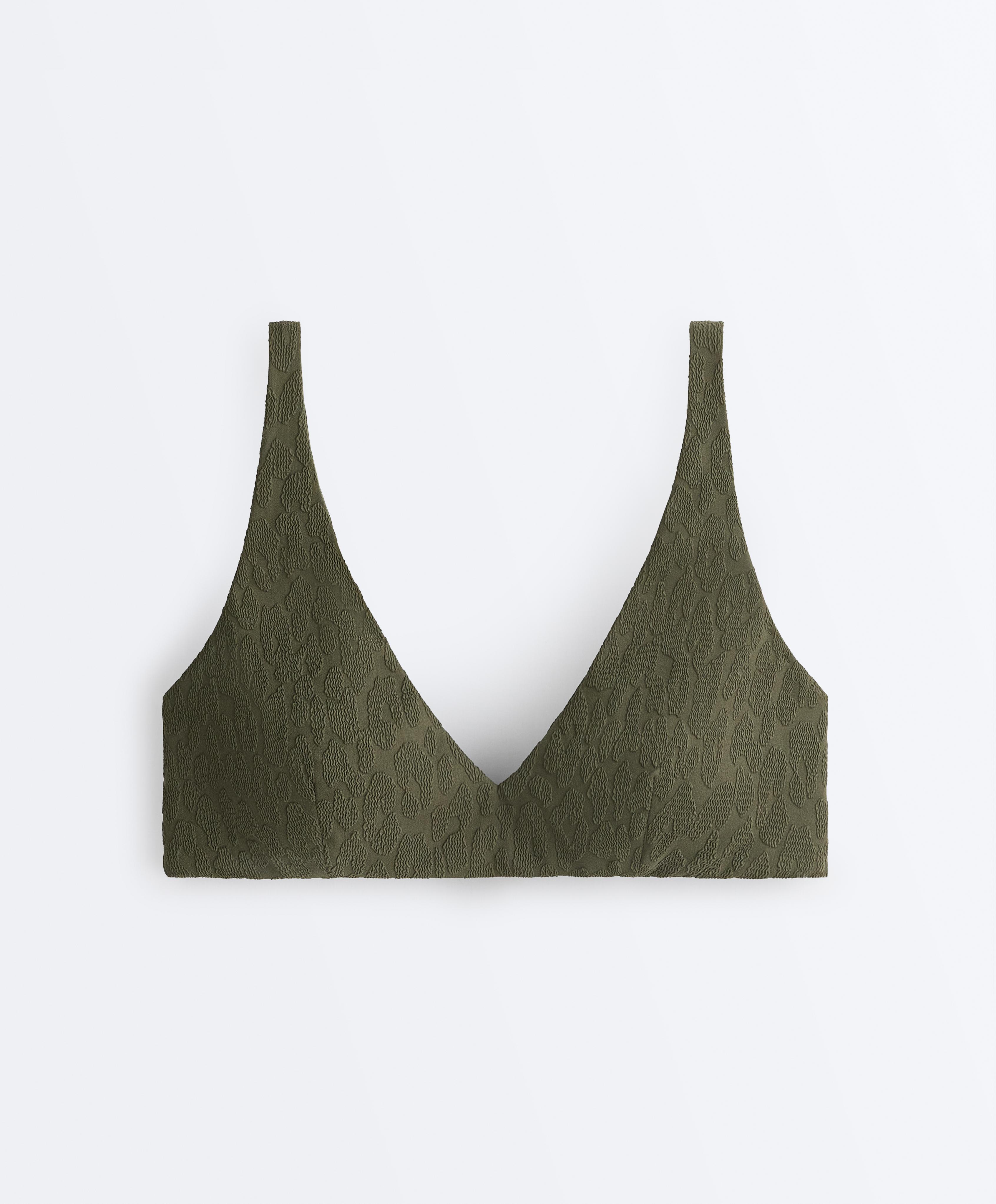 Leopard print textured halter bikini top — DARK KHAKI
