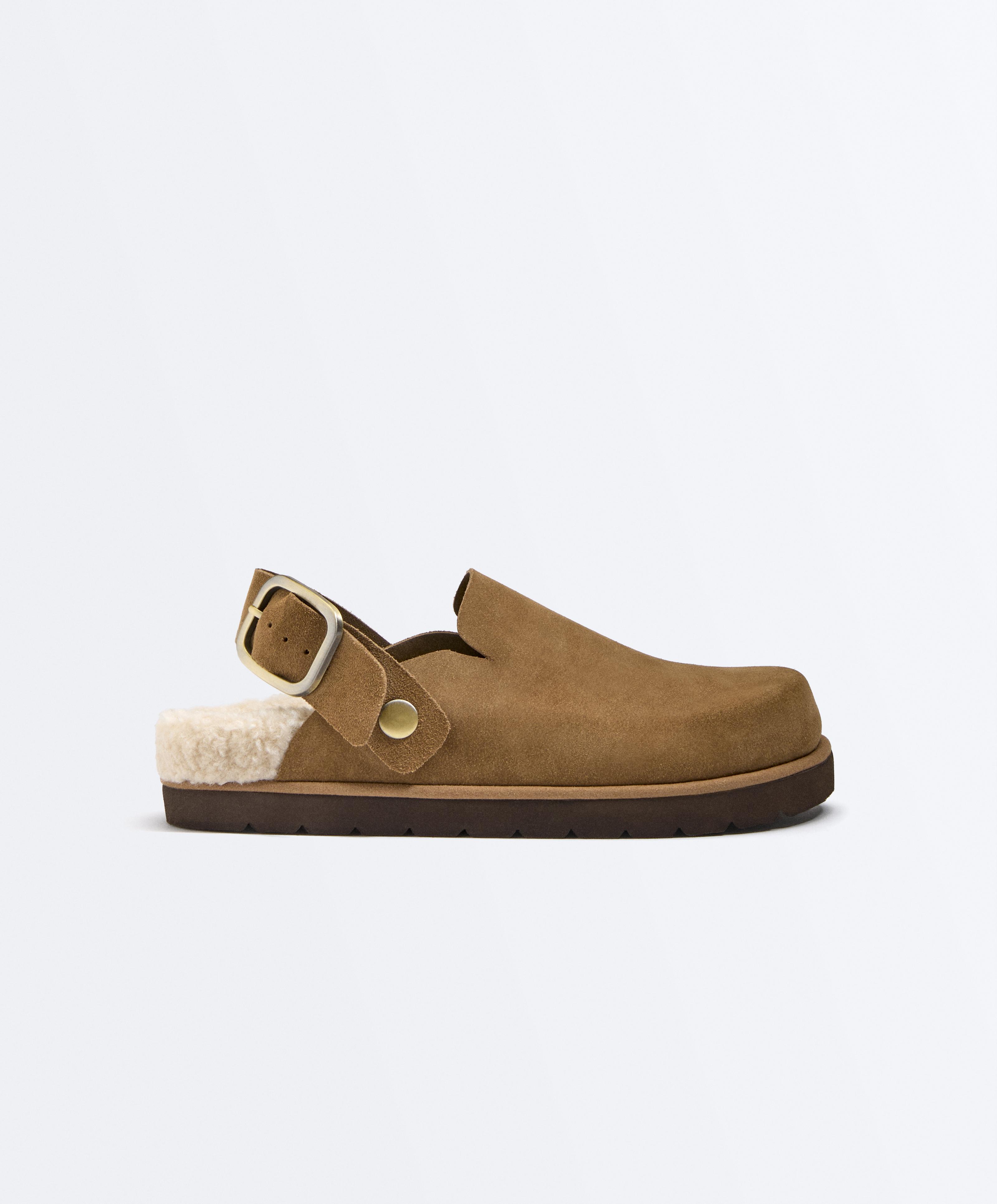 Buckled split-leather faux shearling clogs — TOASTED BROWN
