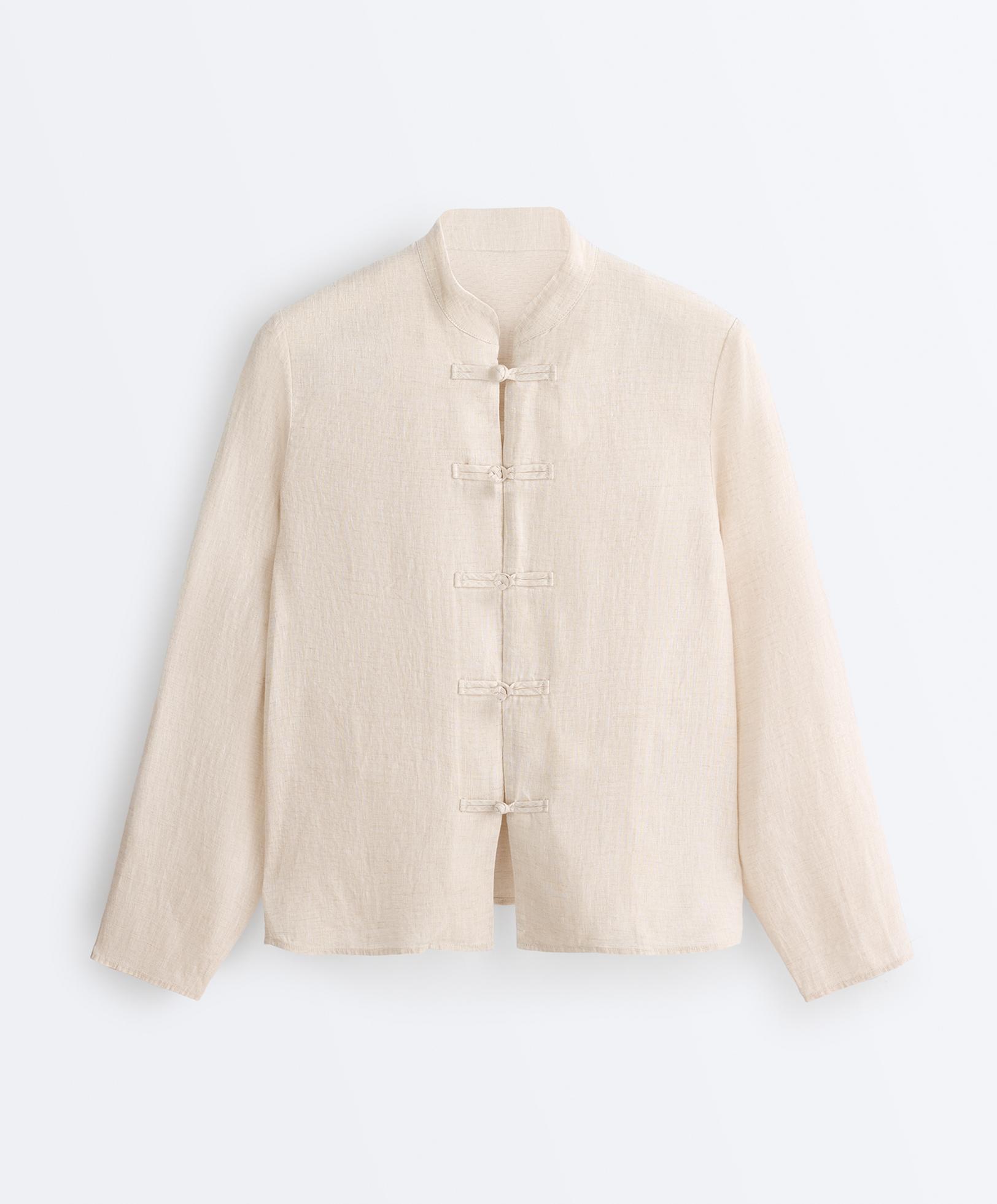 100% linen stand-up collar shirt — SAND MELANGE