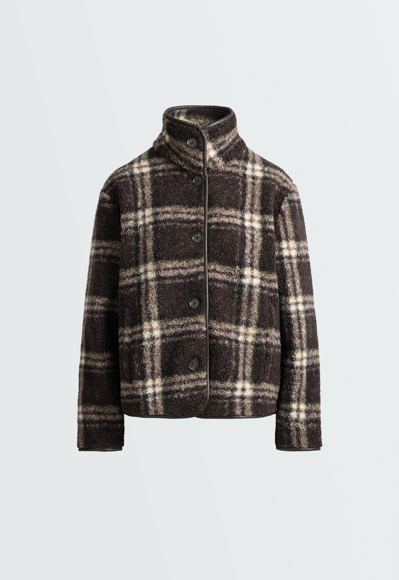 Checked faux-shearling jacket — DARK BROWN