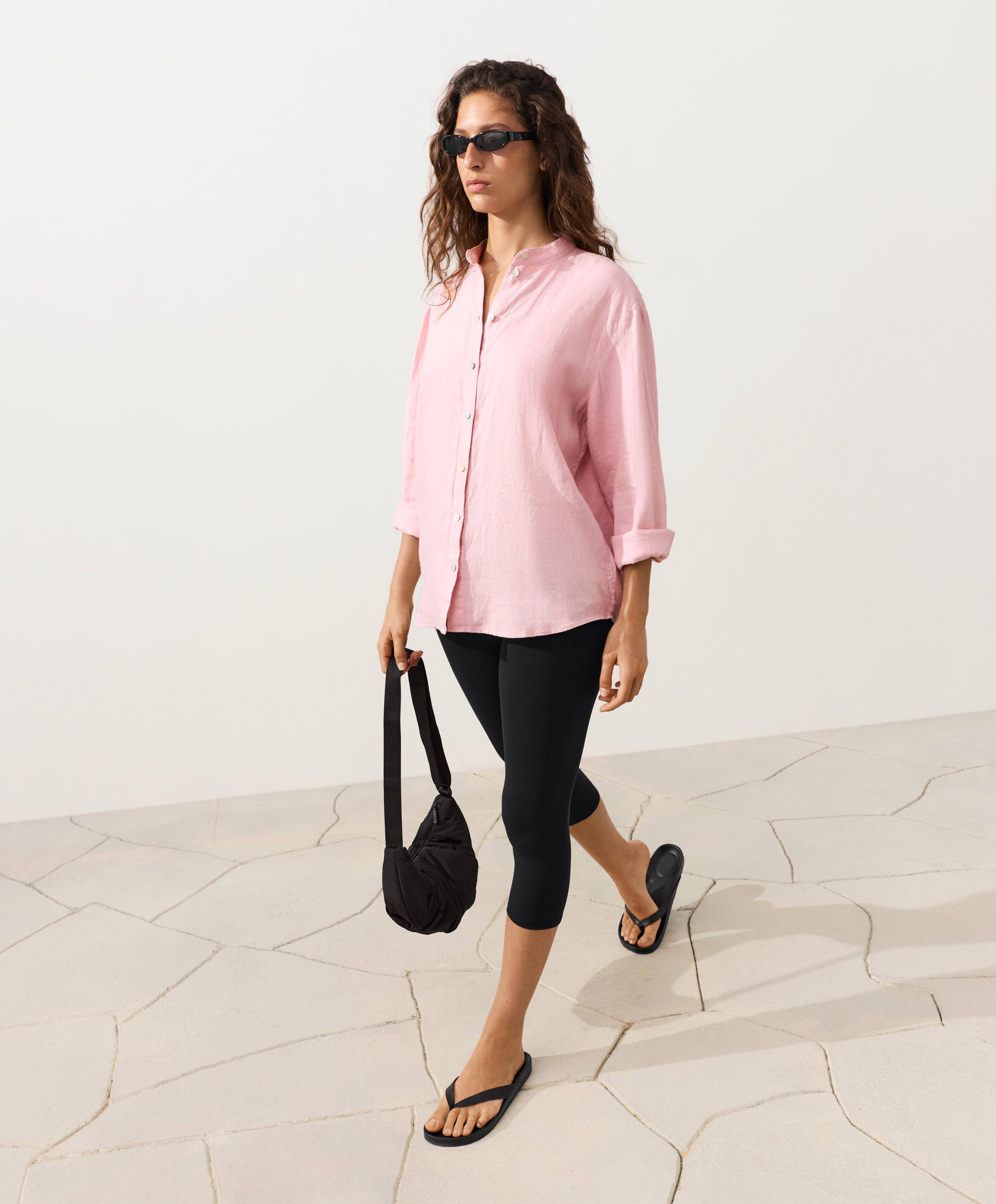 100% linen stand-up collar shirt — PALE PINK