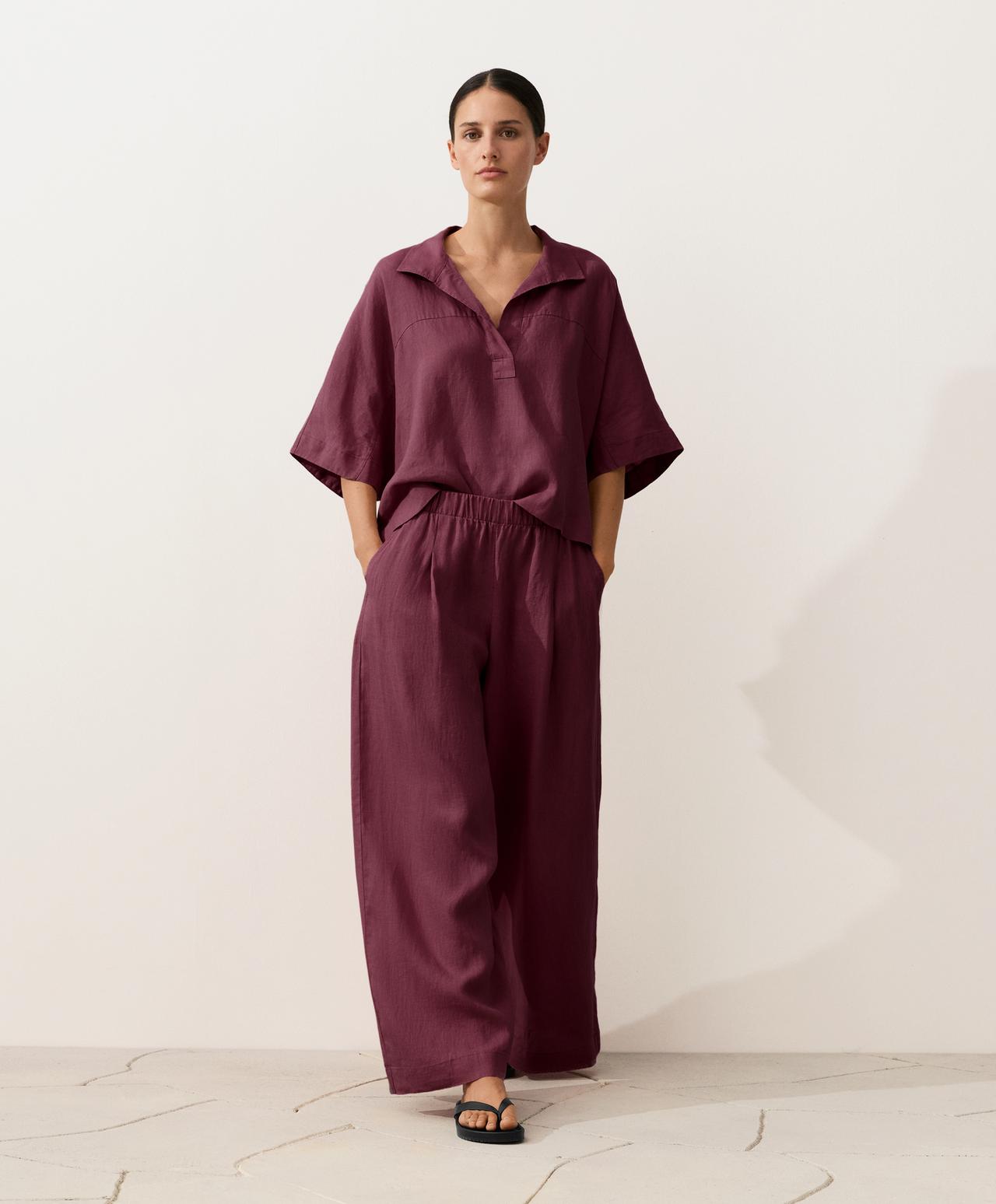Oversize 100% linen polo shirt — CHERRY