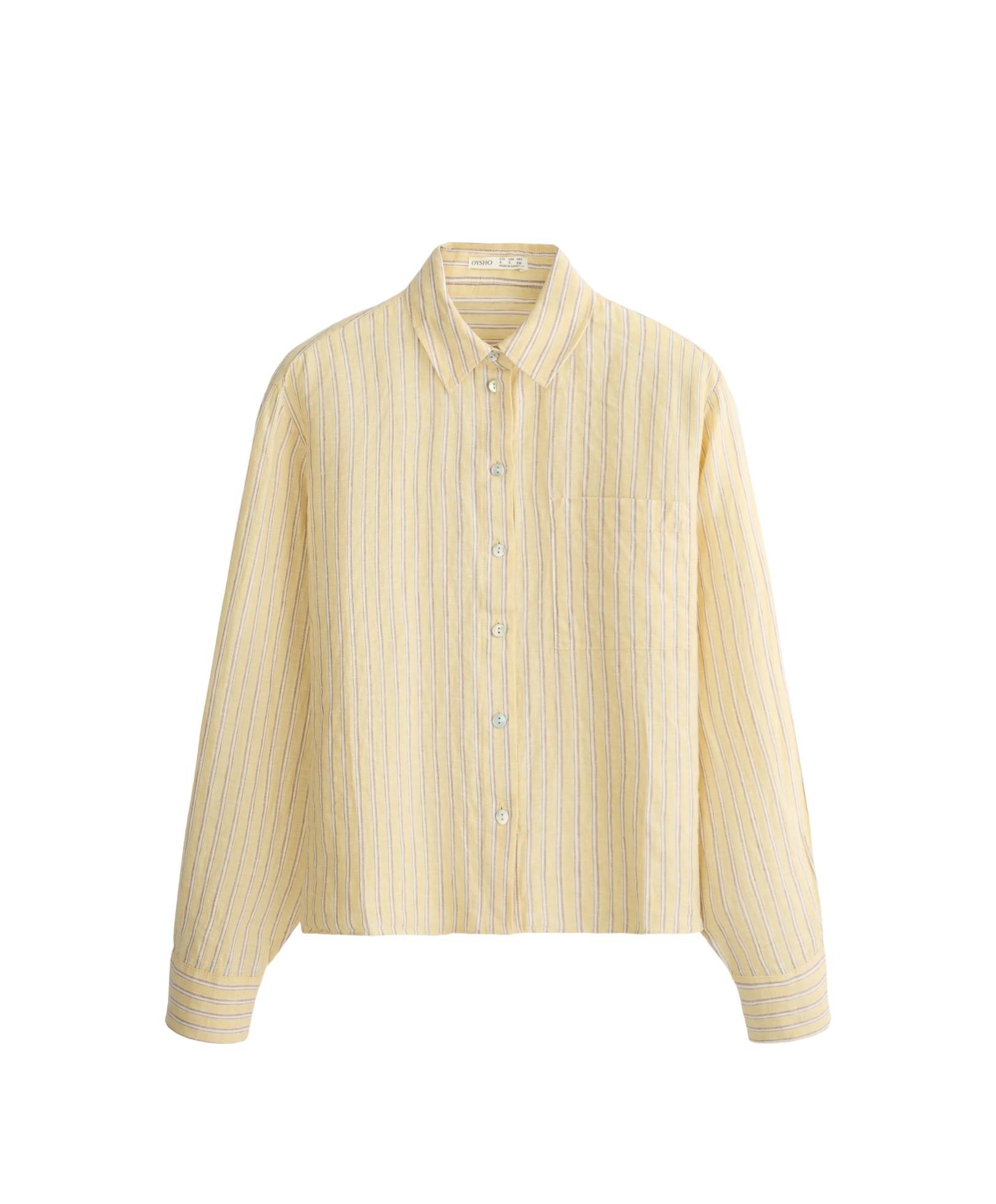Striped 100% linen cropped shirt — SOFT YELLOW