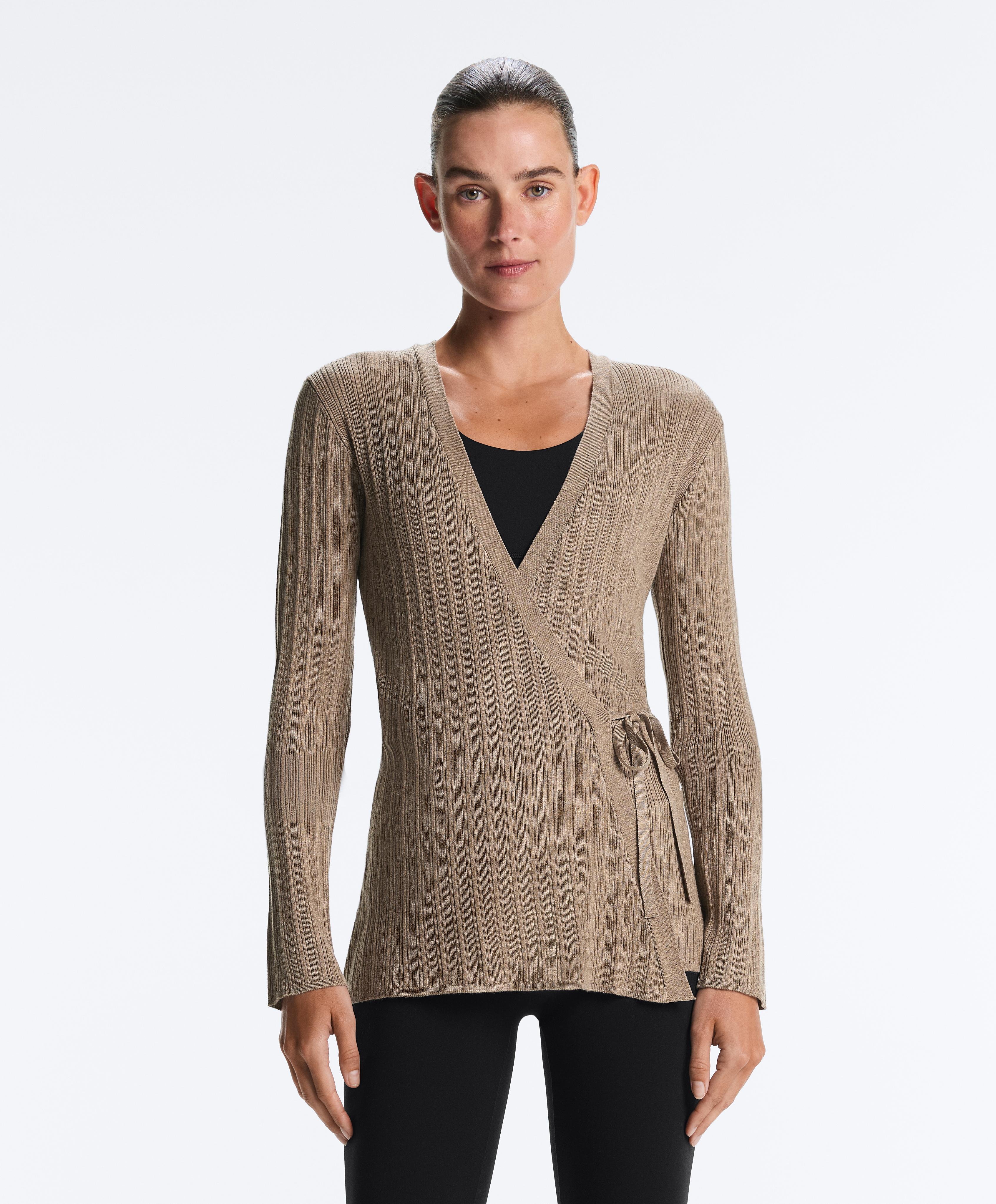 Long rib knit jacket with side tie fastening