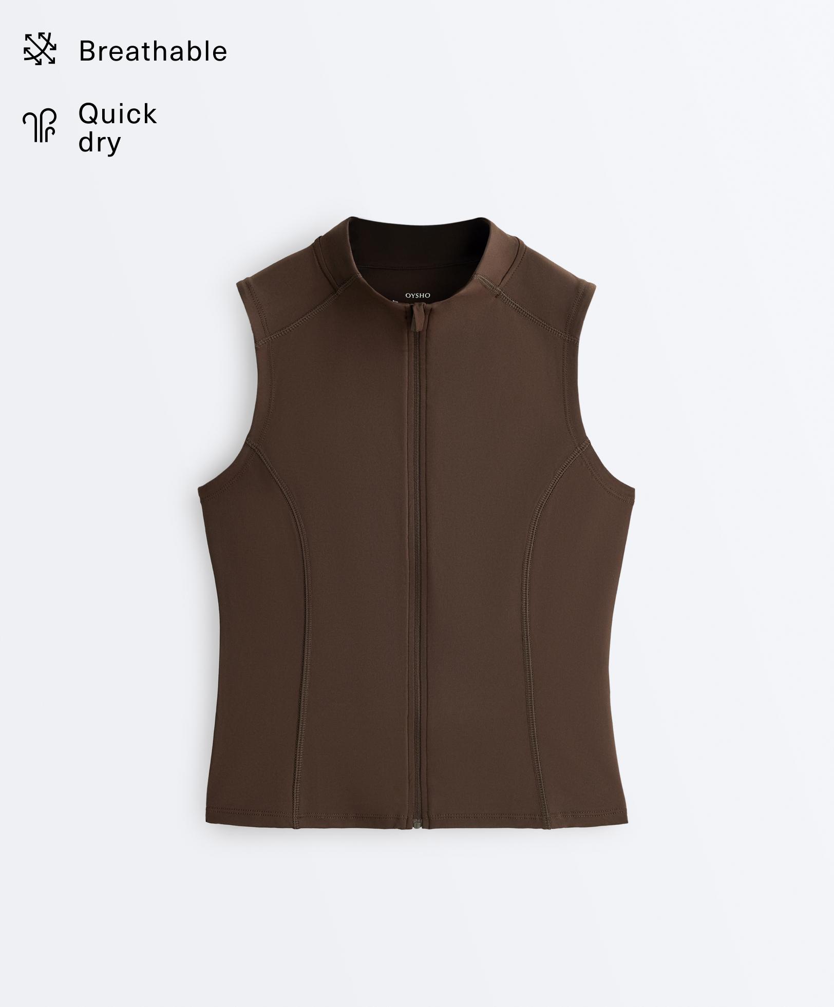 Sleeveless zip T-shirt — DARK BROWN