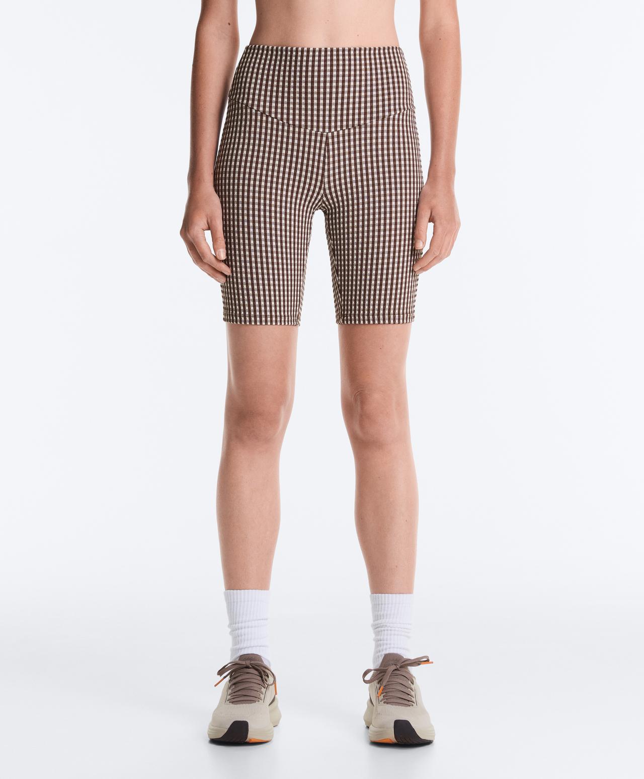 20cm high-rise Comfortlux gingham biker leggings — DARK REDDISH‑BROWN