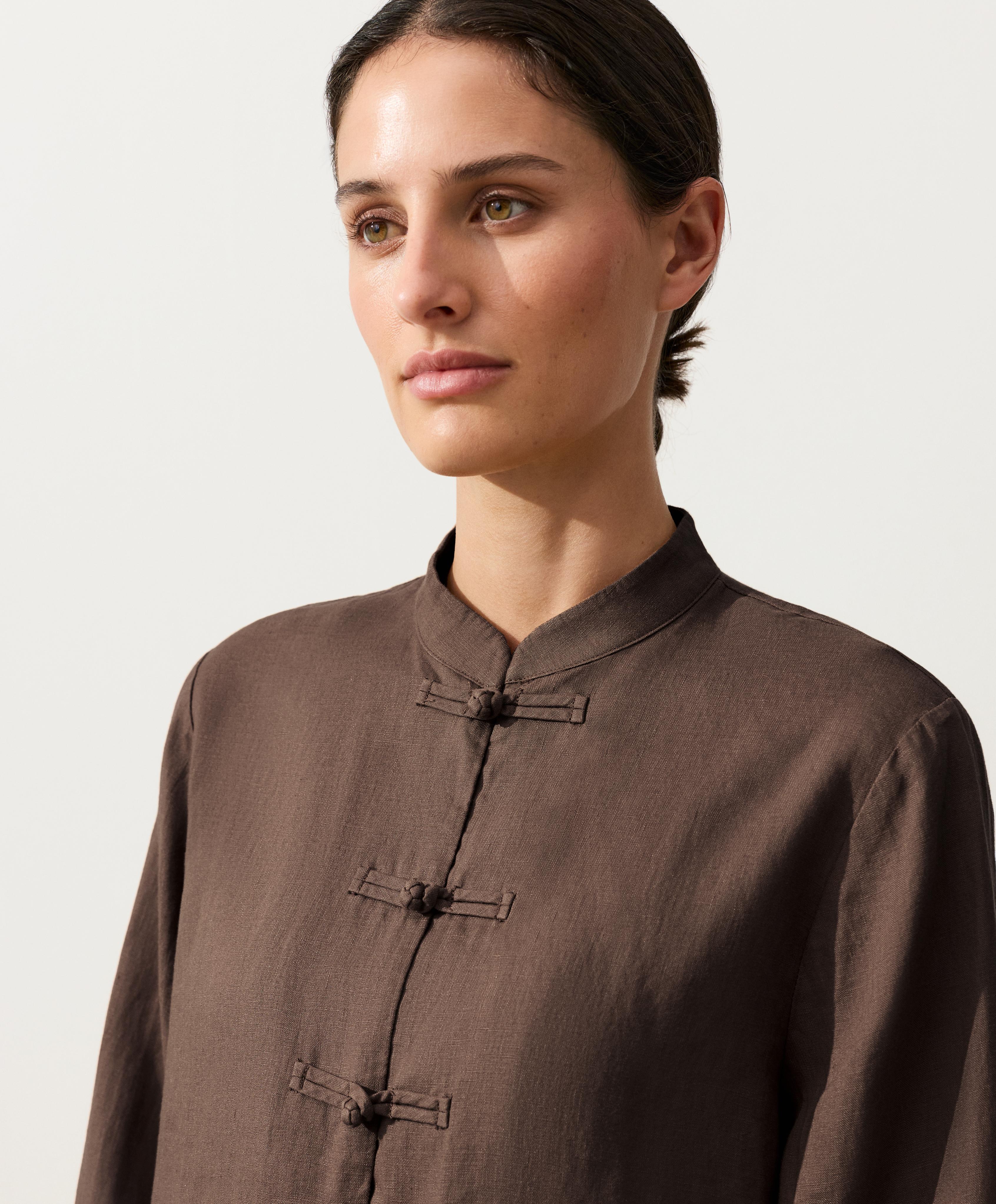 100% linen stand-up collar shirt — DARK BROWN