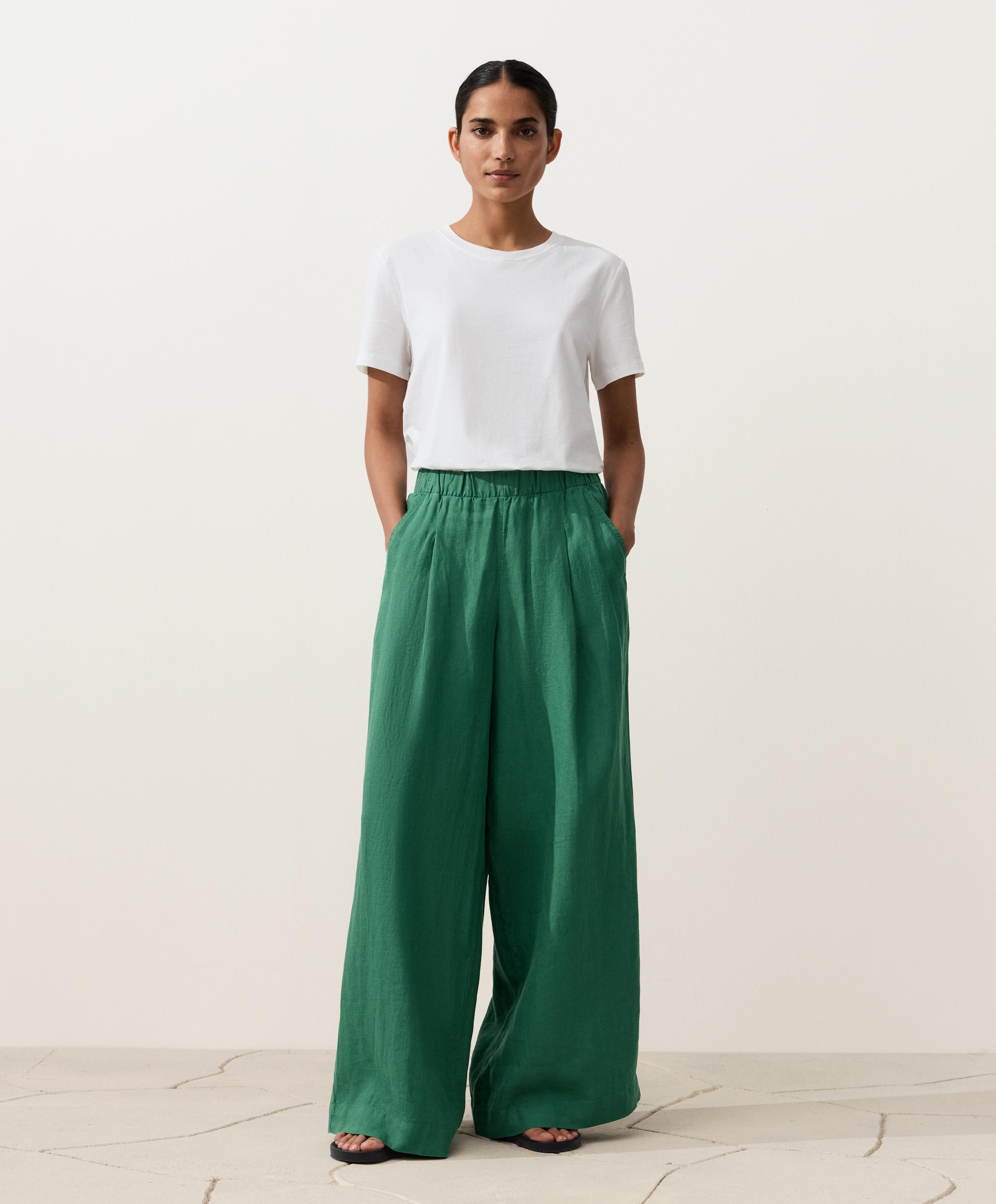 100% linen wide-leg trousers — EMERALD GREEN