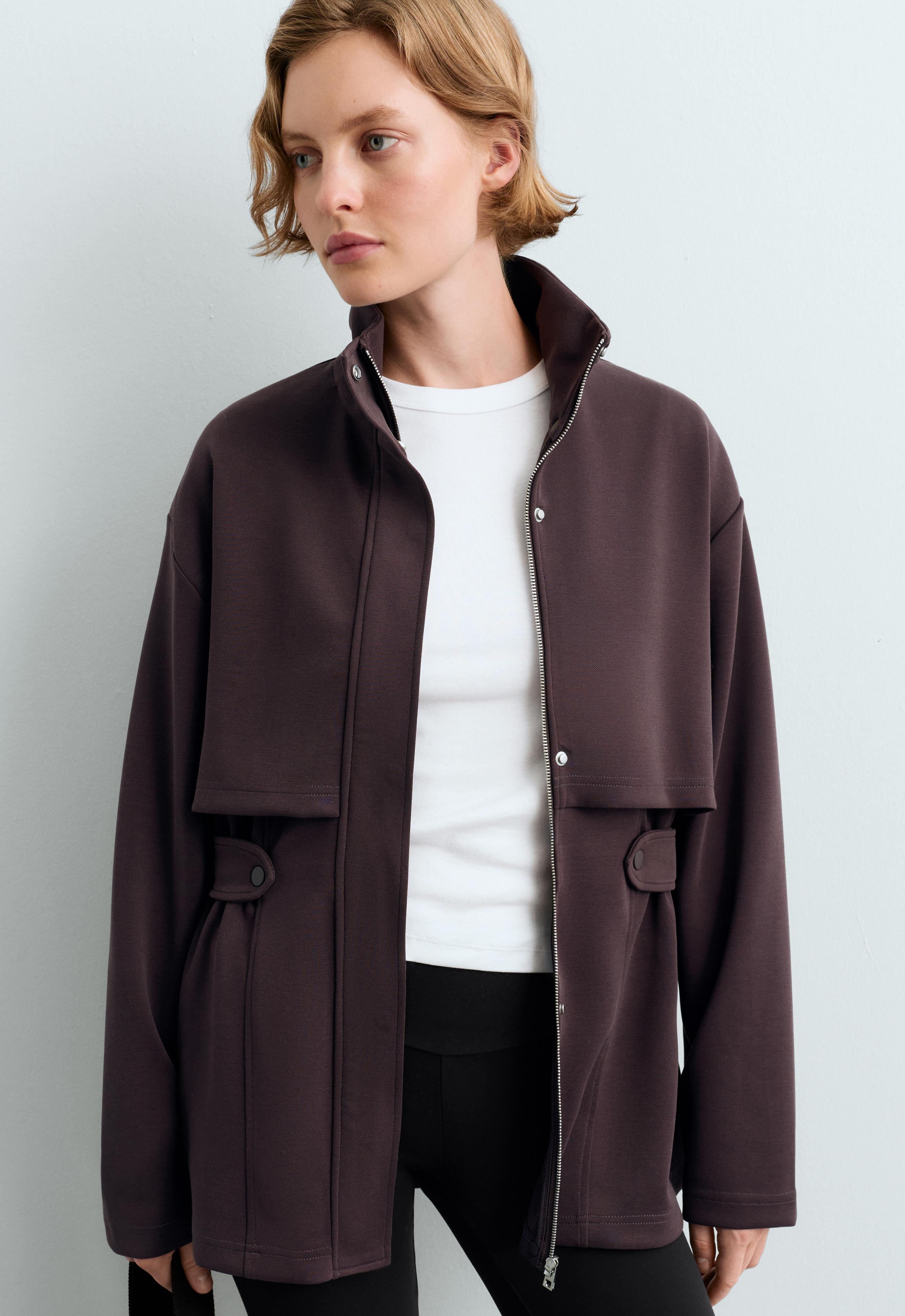Long piqué jacket with belt — Purplish brown