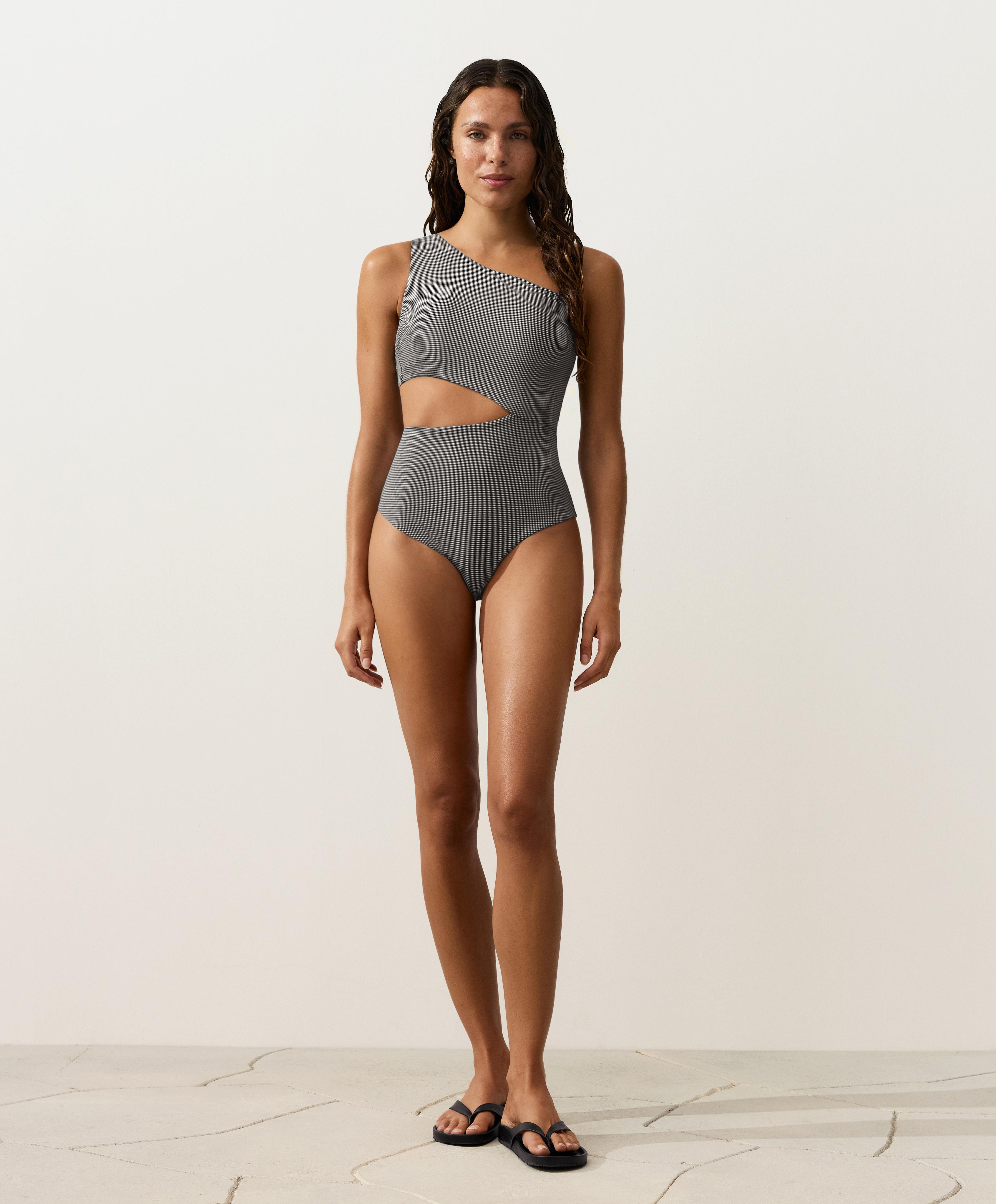 Mini gingham asymmetric trikini — BLACK