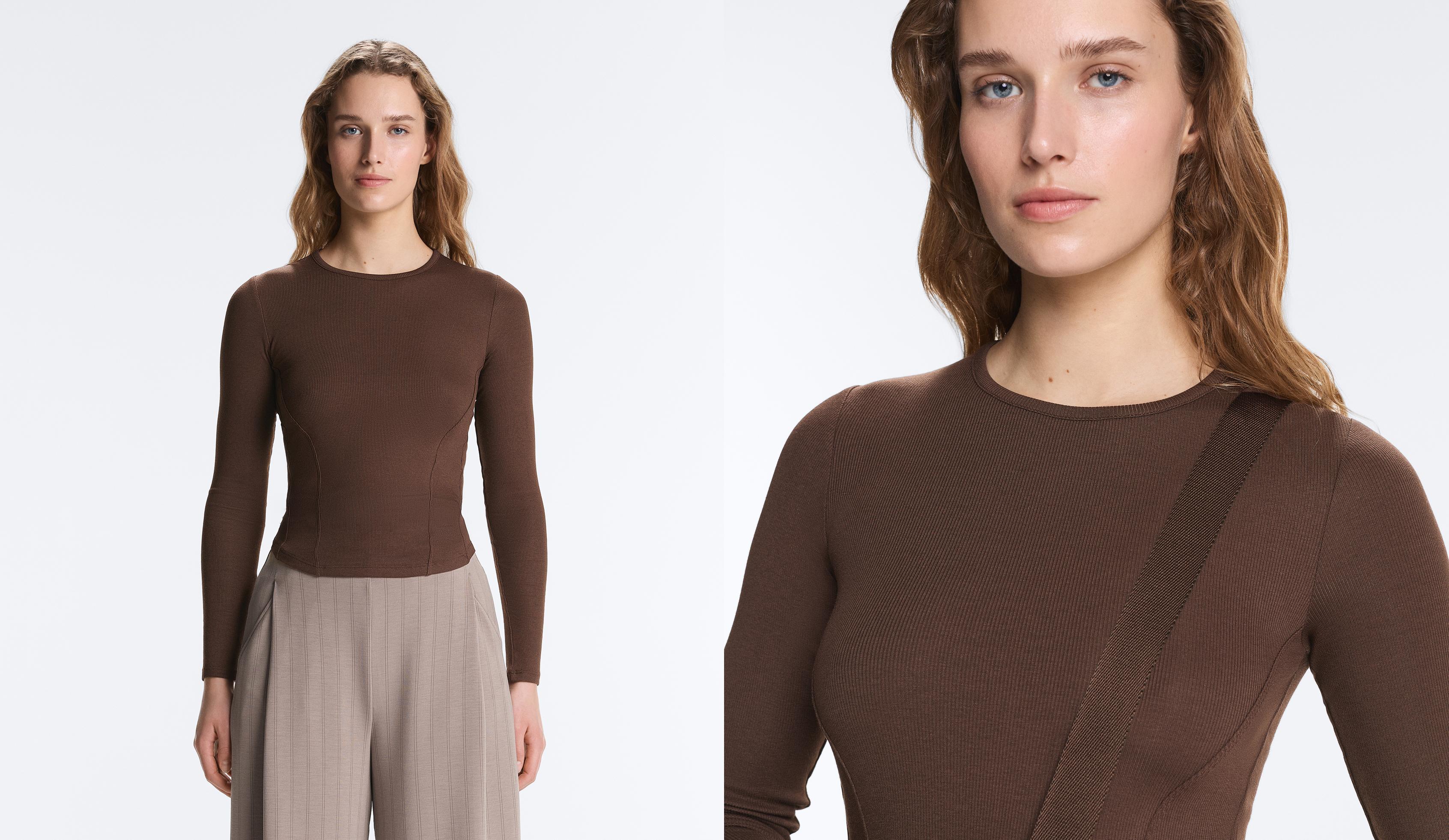 Fitted long sleeve rib T-shirt with cotton and modal — BROWN